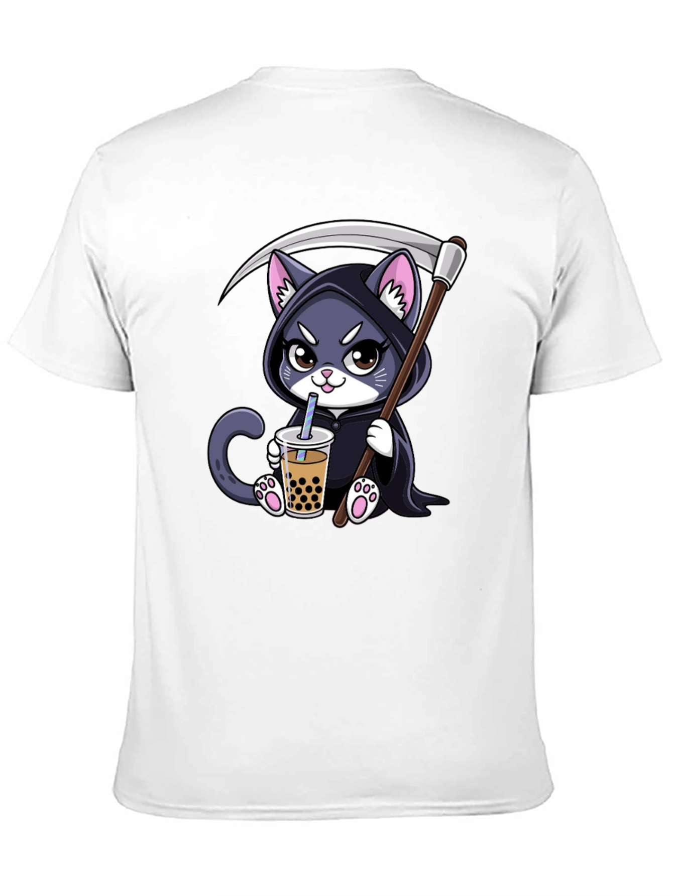 Black Grim Reaper Kitty Boba Tea T-Shirt view 11