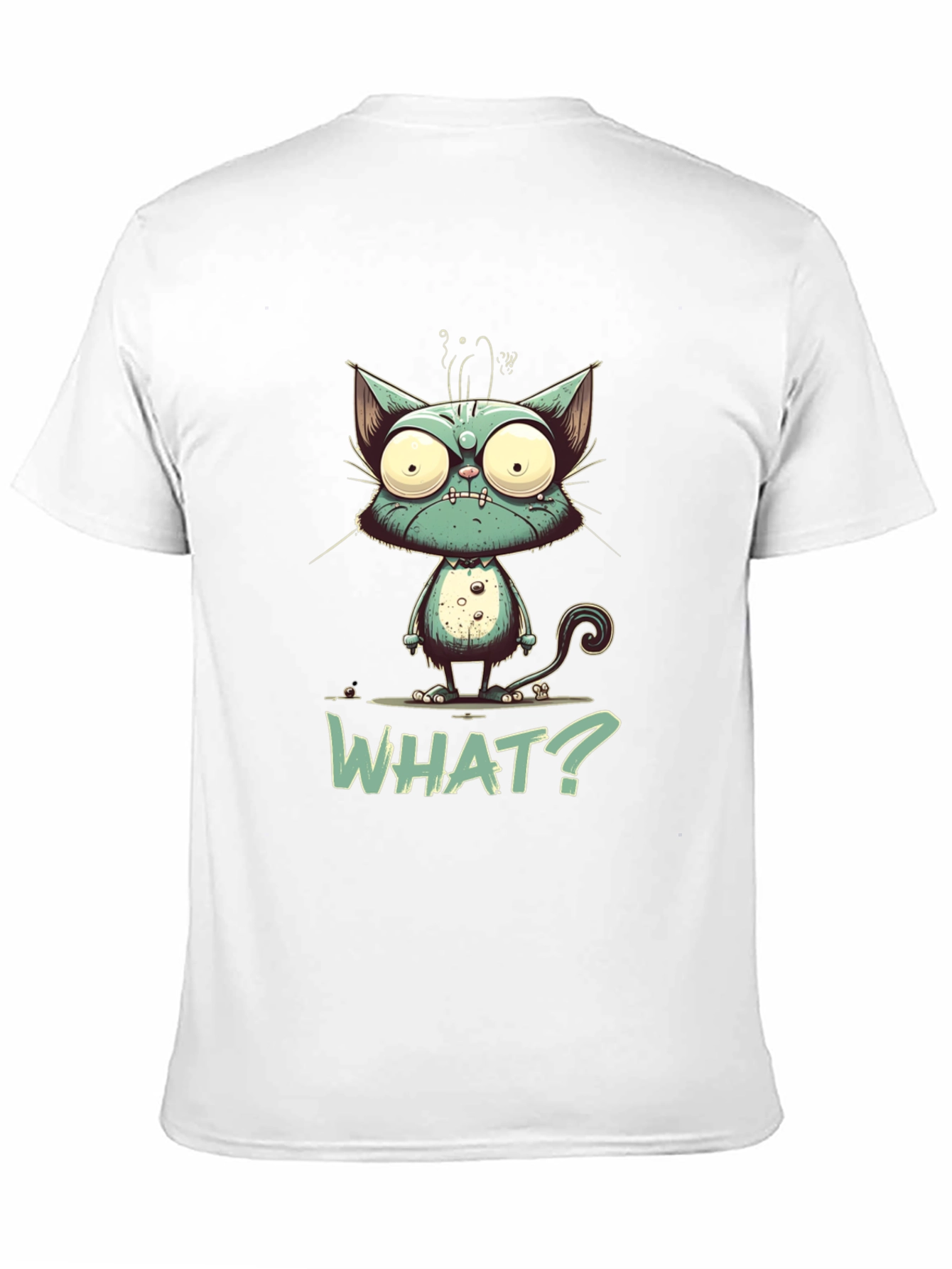 Black Cartoon Cat "WHAT?" Graphic Tee - Unisex view 11