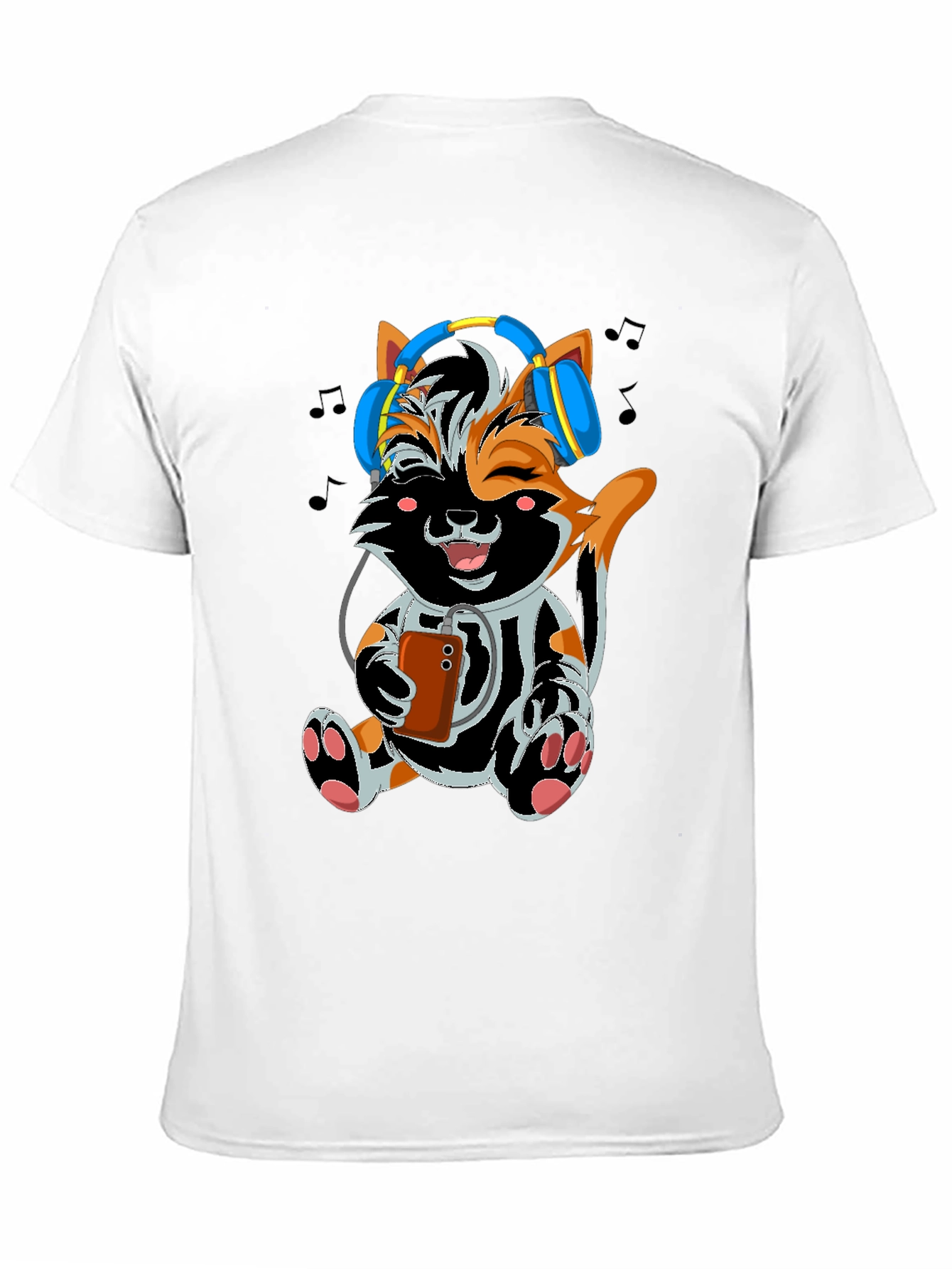 Black Cute Cat with Headphones Black T-shirt view 11