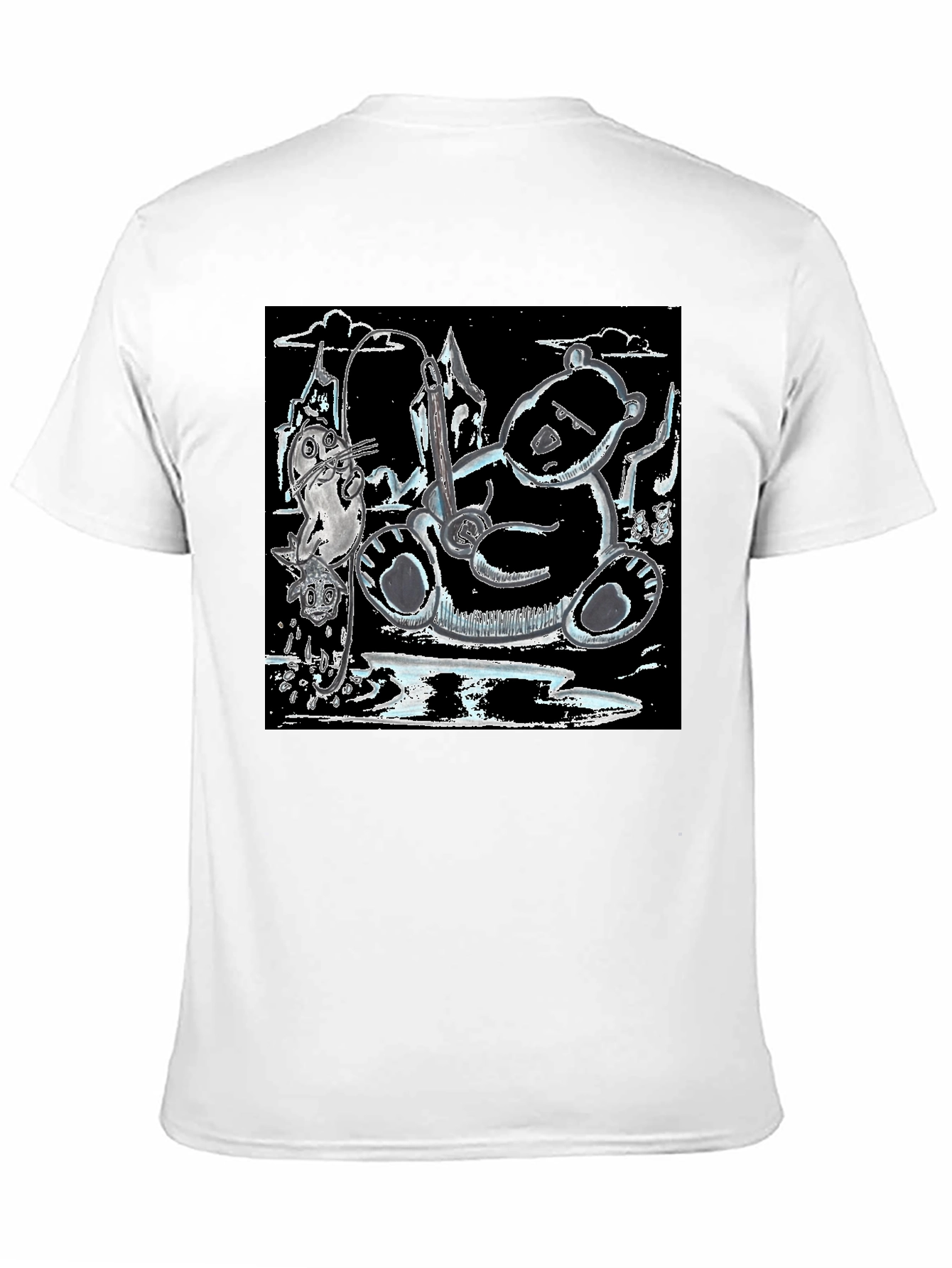 Black Unique Graphic Tee: Bear, Seal, and Musical Notes Art view 11