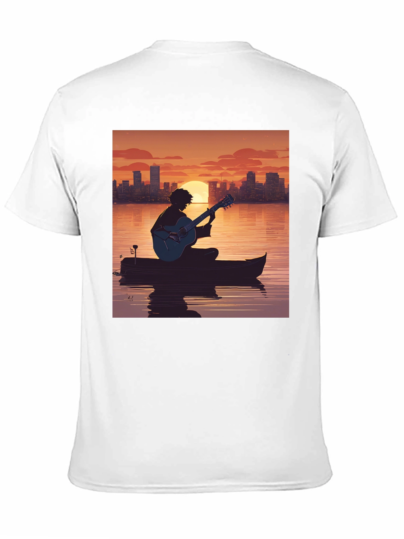 Black Sunset Guitarist T-Shirt - City Skyline Silhouette view 11