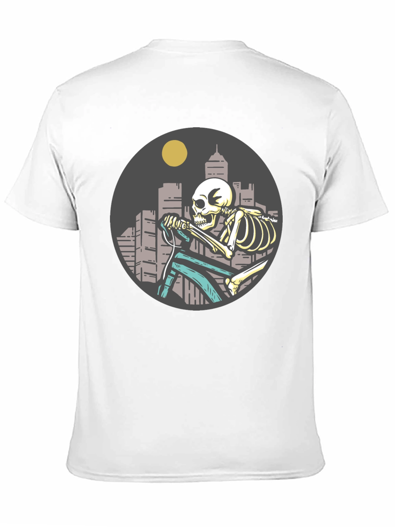 Black Skeleton Riding Bike T-Shirt - Cityscape Design view 11