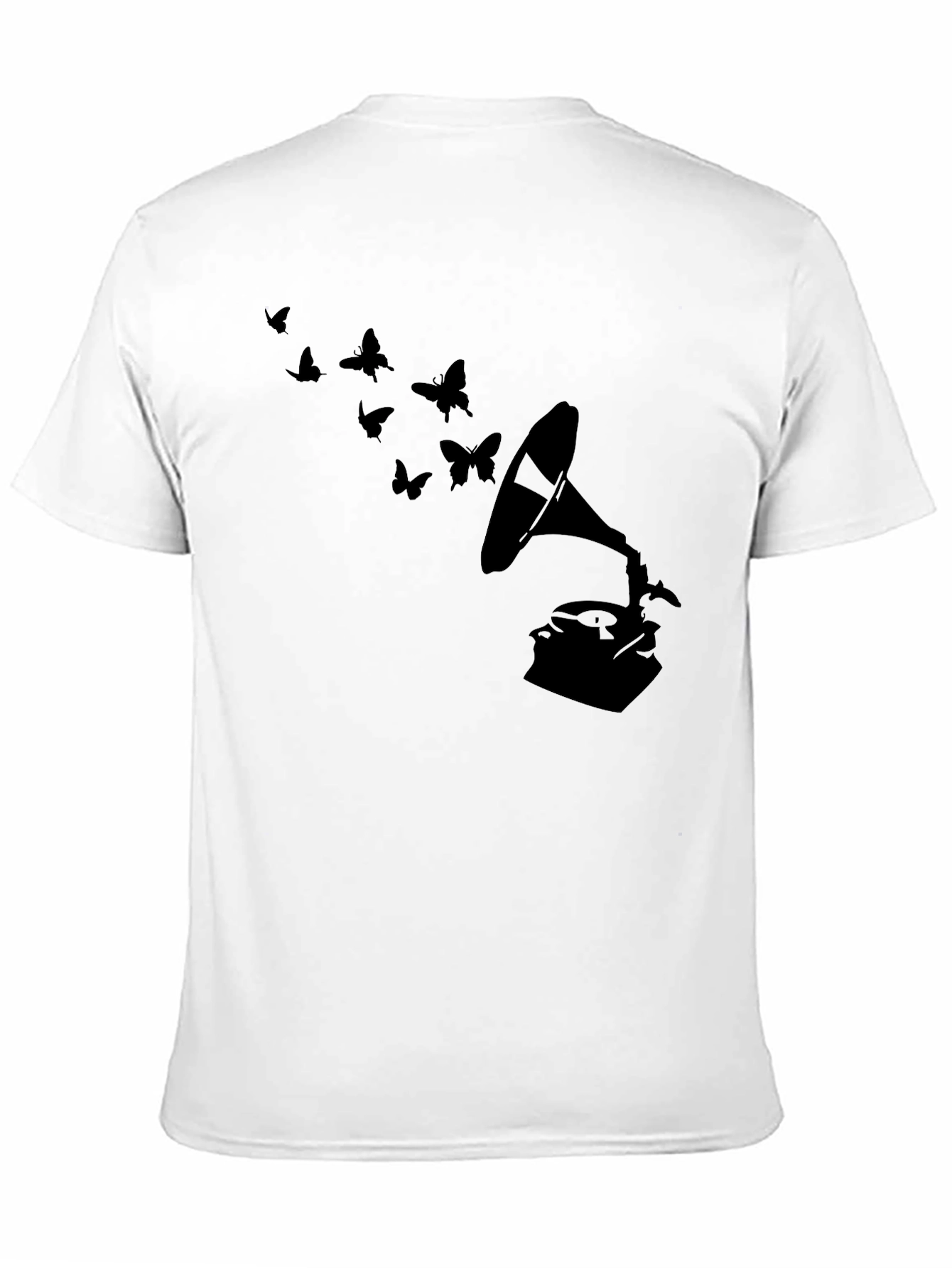 Black Vintage Gramophone & Butterfly T-Shirt - Stylish Retro Tee view 11