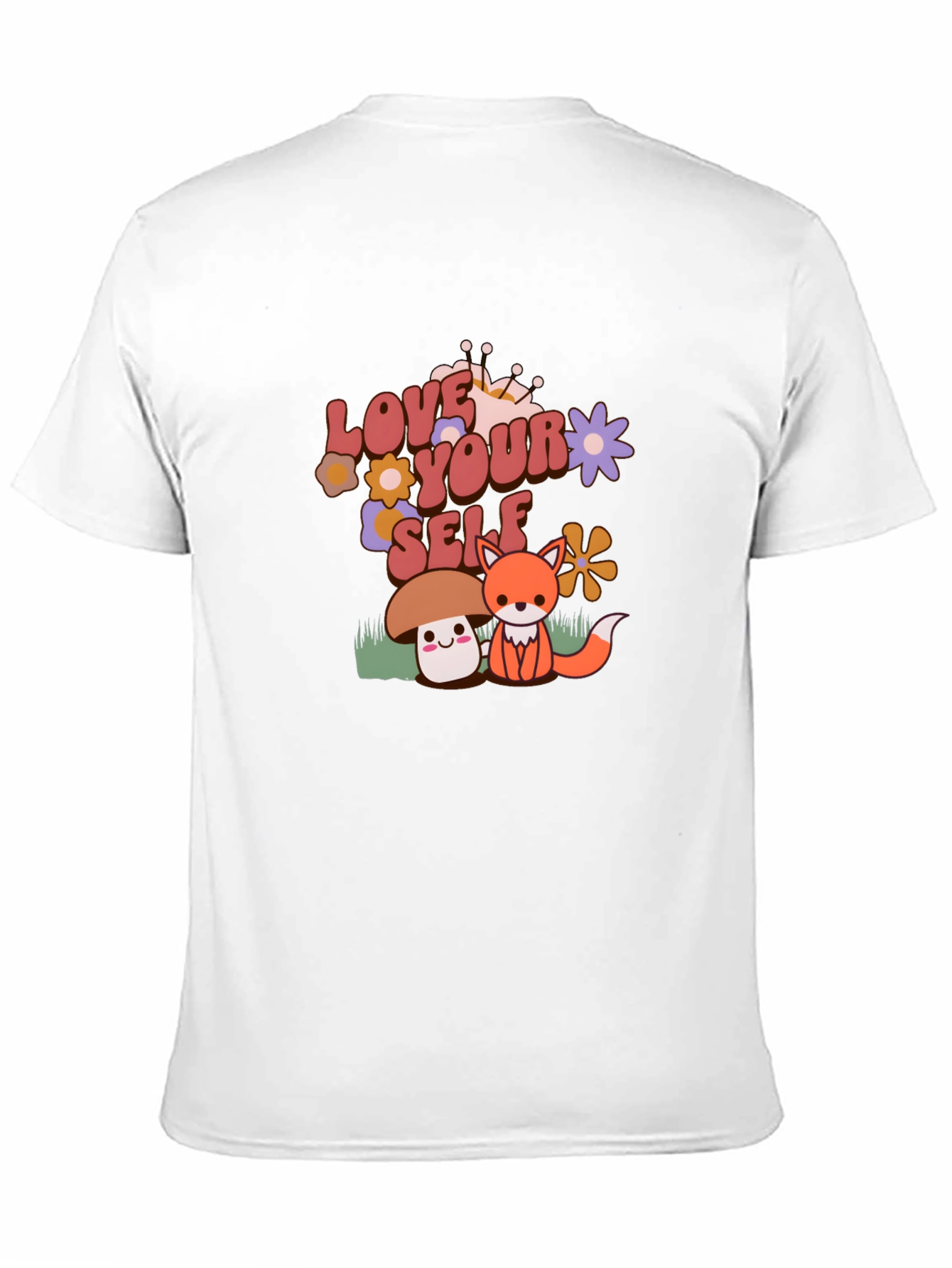 Black Love Yourself T-Shirt with Cute Mushroom and Fox Design view 11