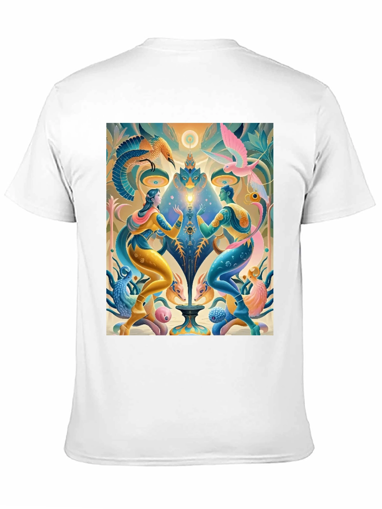 Black Artistic T-Shirt: Mystical Bird and Figure Design view 11