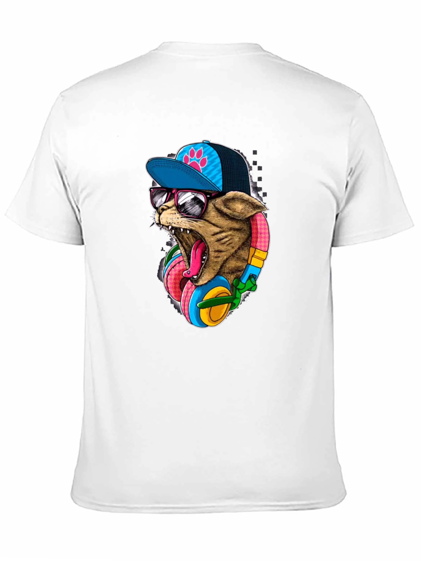 Black Cool Cat T-Shirt: Cat Wearing Headphones & Cap view 11