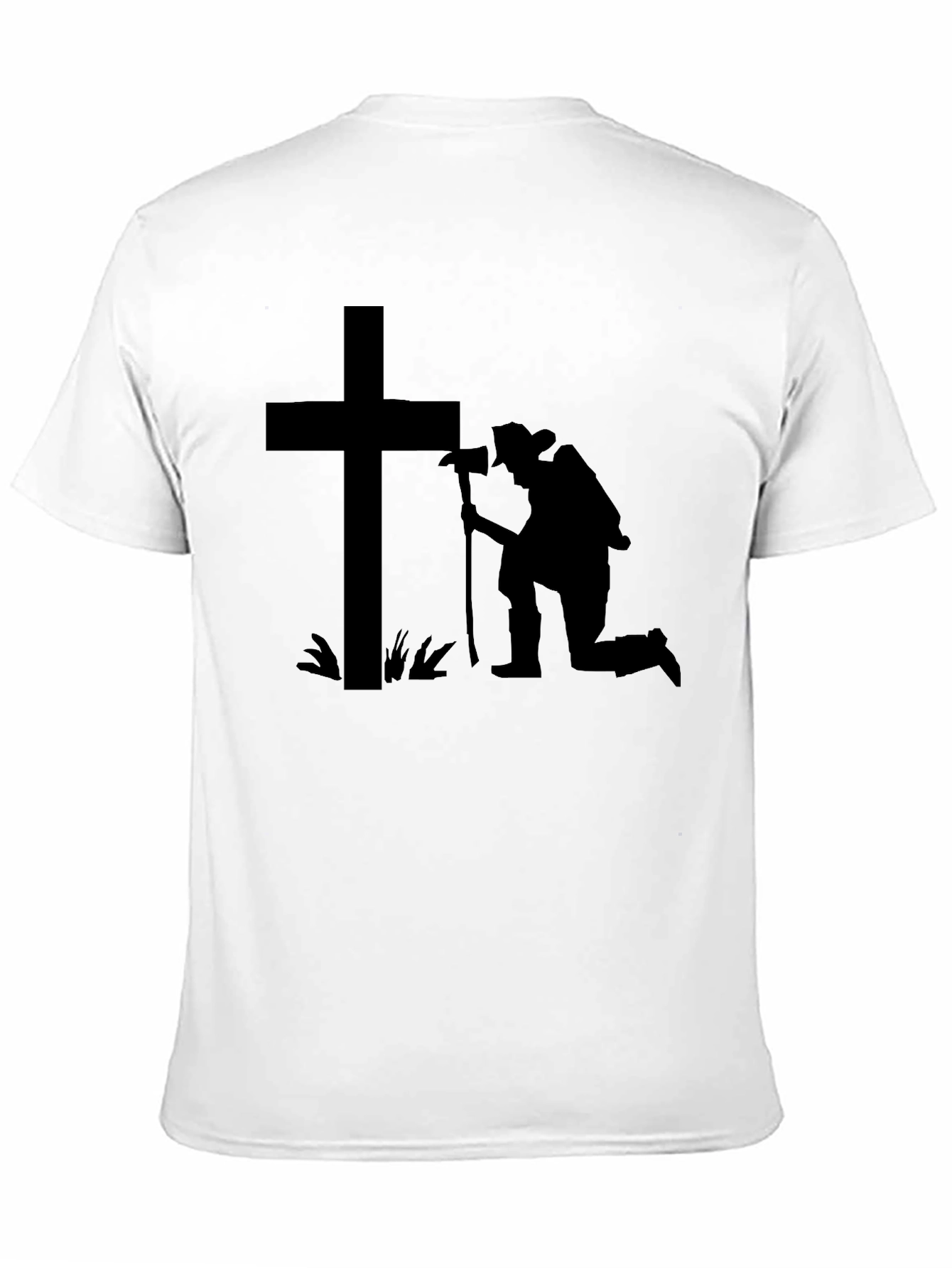 Black Kneeling Firefighter Cross T-Shirt view 11
