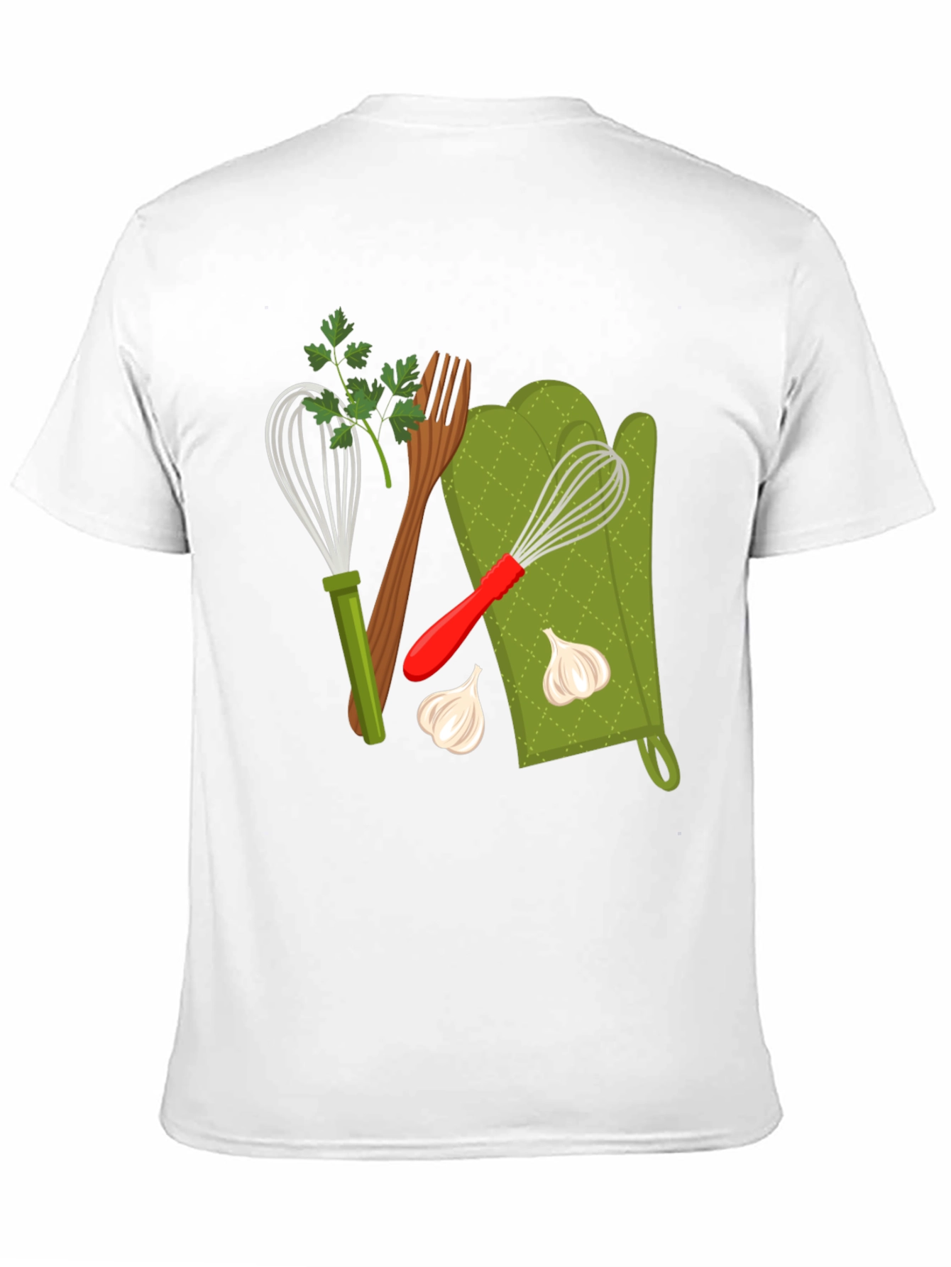 Black Cooking Lover Graphic T-Shirt: Whisk, Fork, and Garlic Design view 11