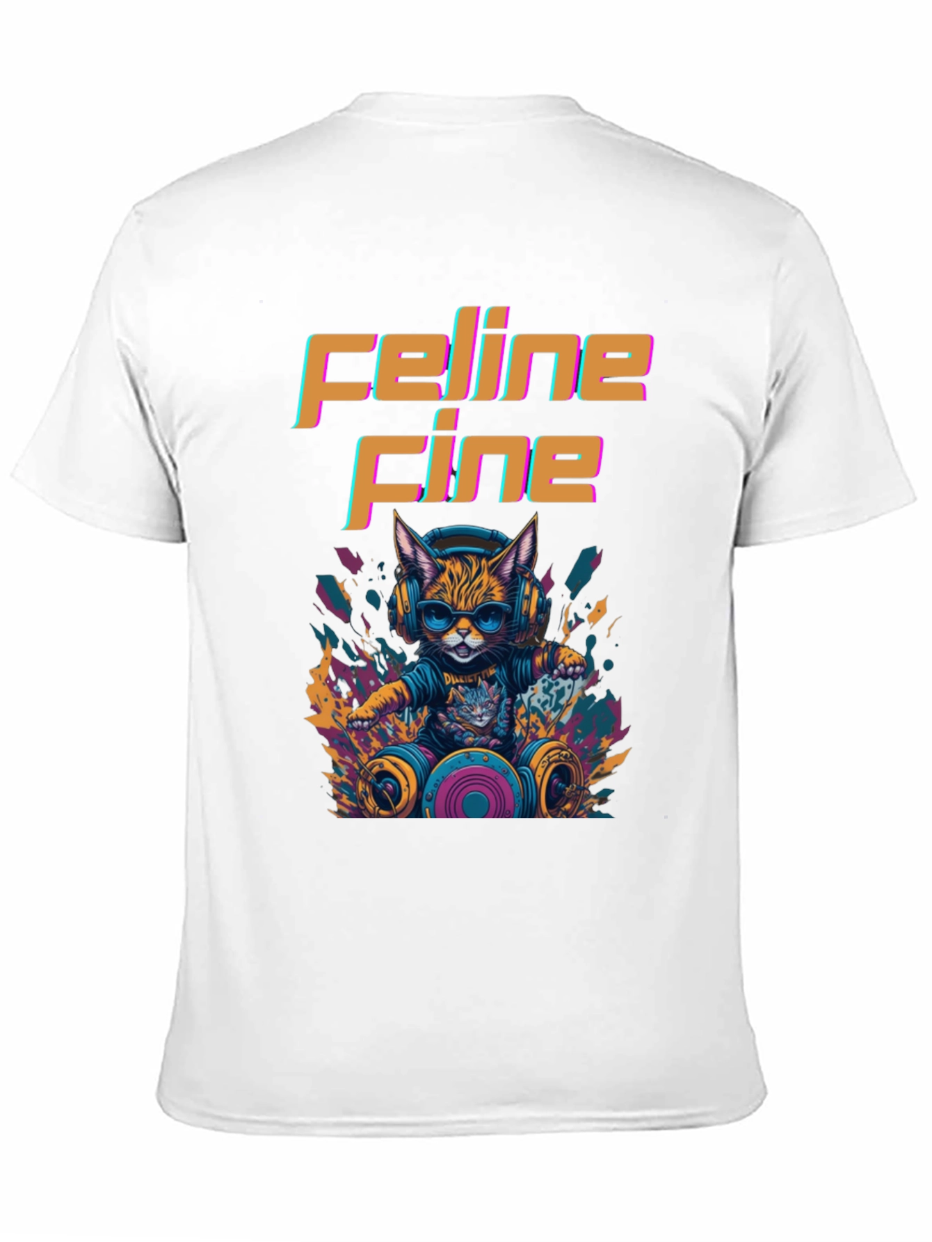 Black Feline Fine Graphic Tee - DJ Cat T-Shirt view 11
