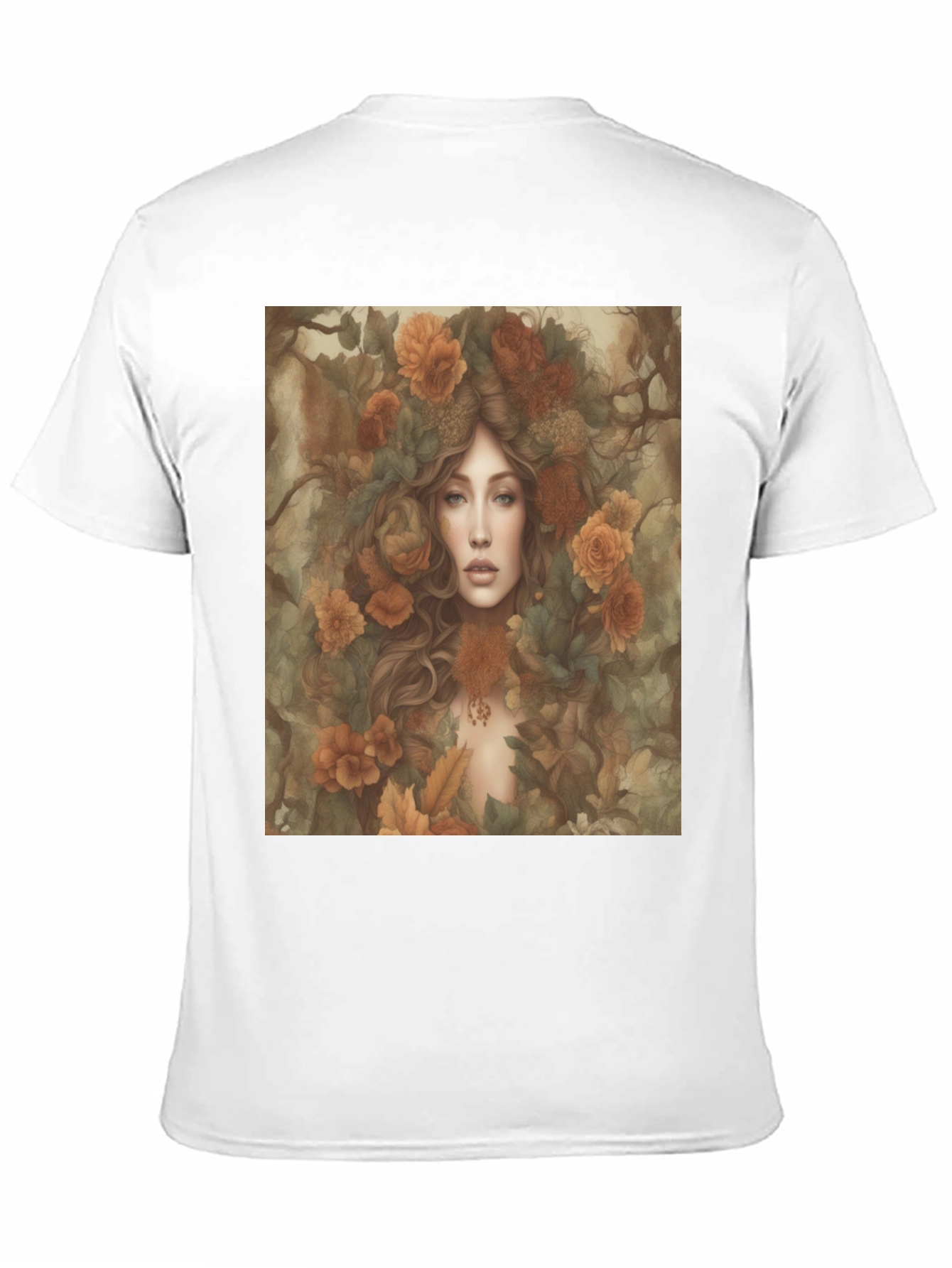 Black Floral Fantasy T-Shirt: Woman with Autumn Flowers view 11