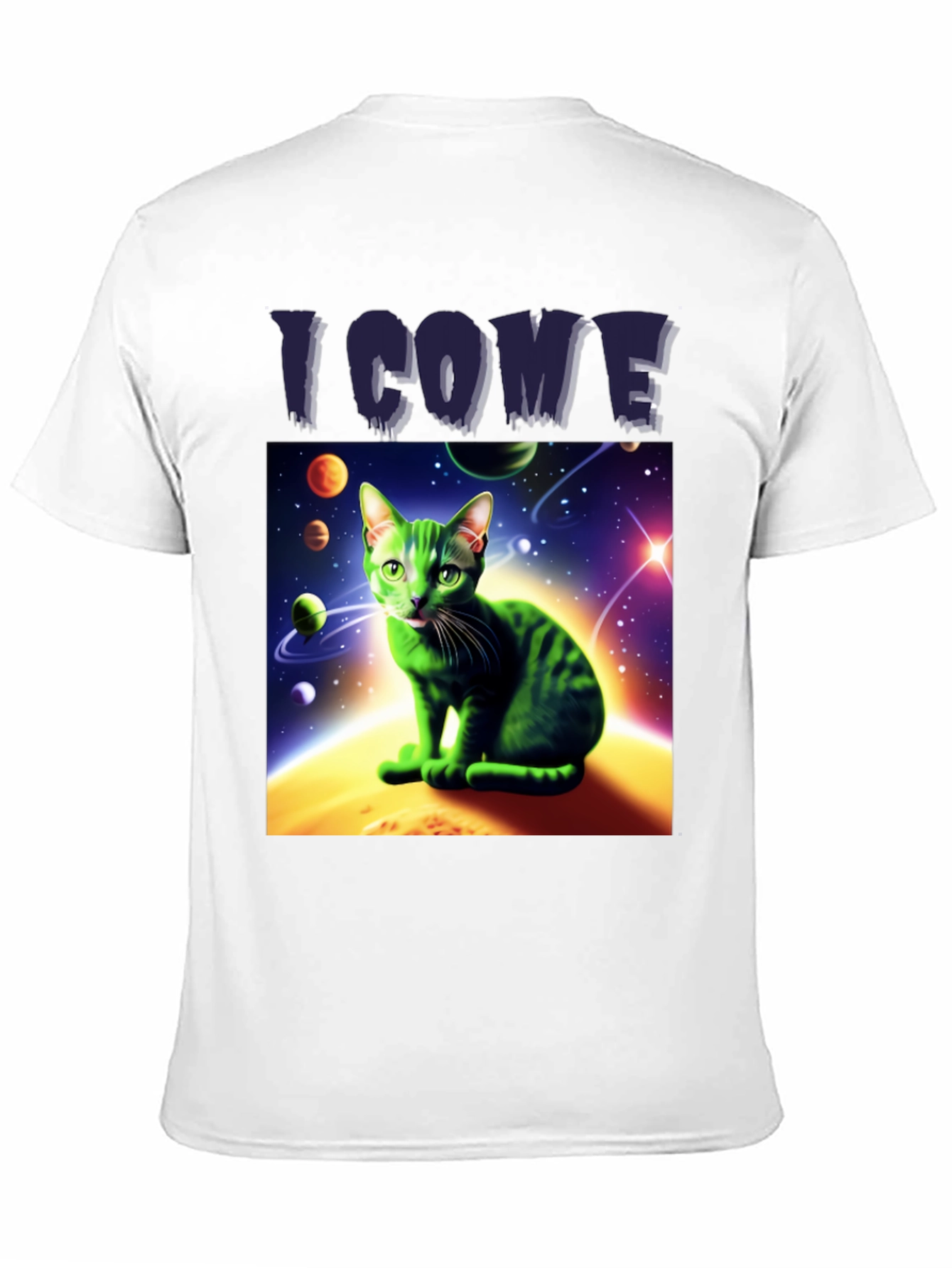 Black I Come In Peace Cat T-Shirt - Space Alien Green Kitty Tee view 11