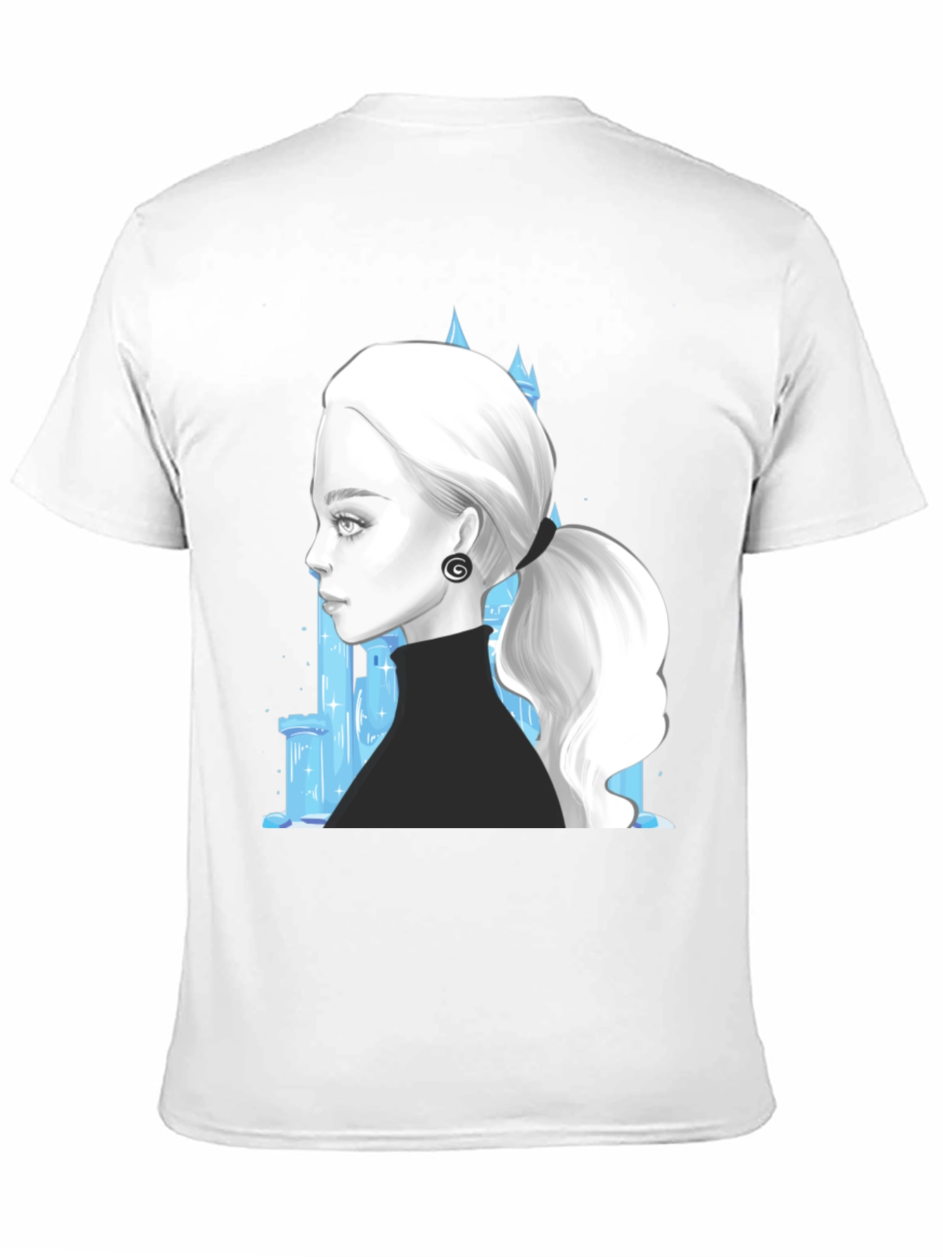 Black Elegant Woman & Ice Castle Graphic Black T-Shirt view 11
