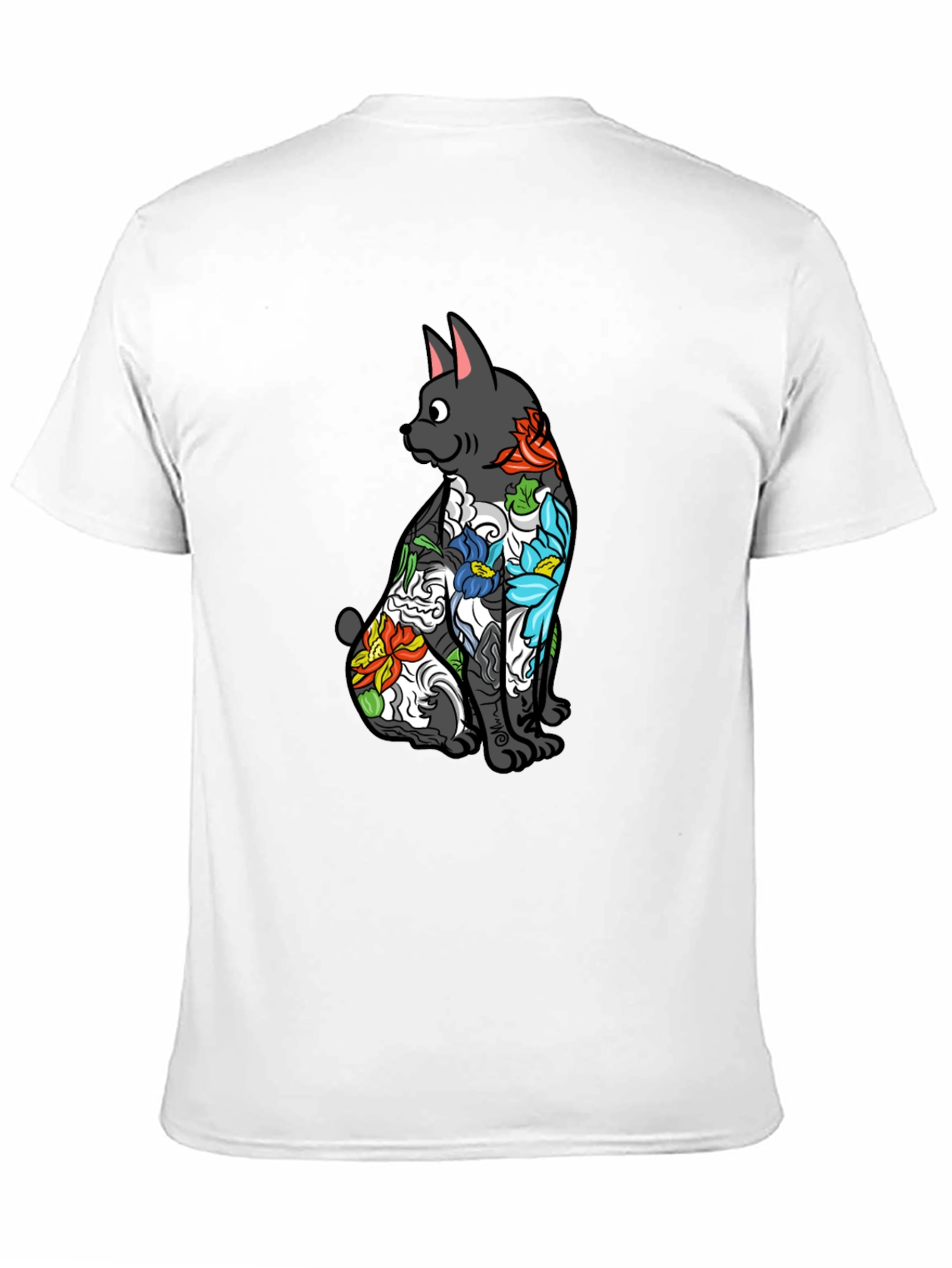 Black Floral Tattoo Cat Graphic Tee - Black Unisex Shirt view 11