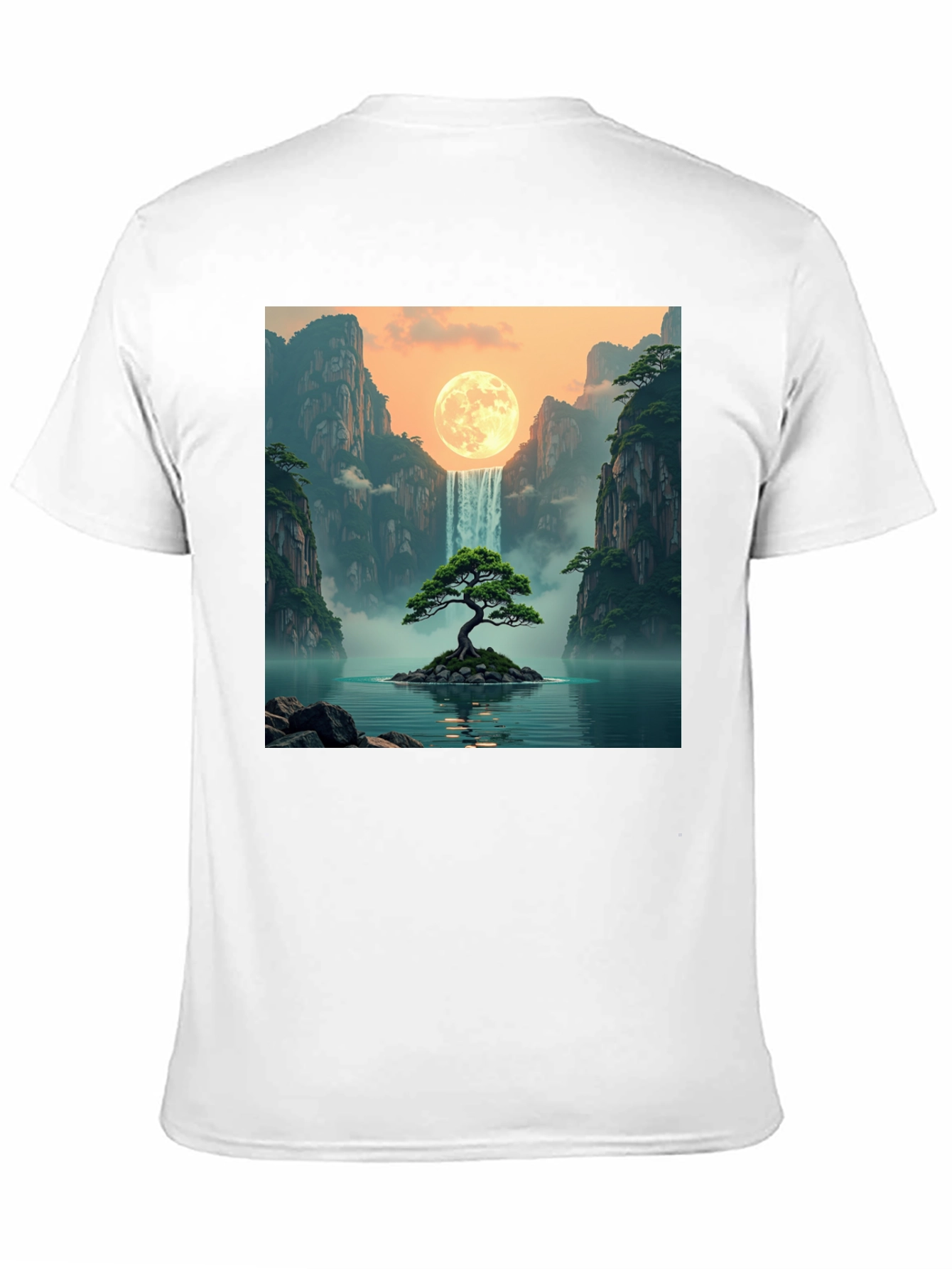 Black Waterfall Moon Bonsai Tree Graphic T-Shirt view 11