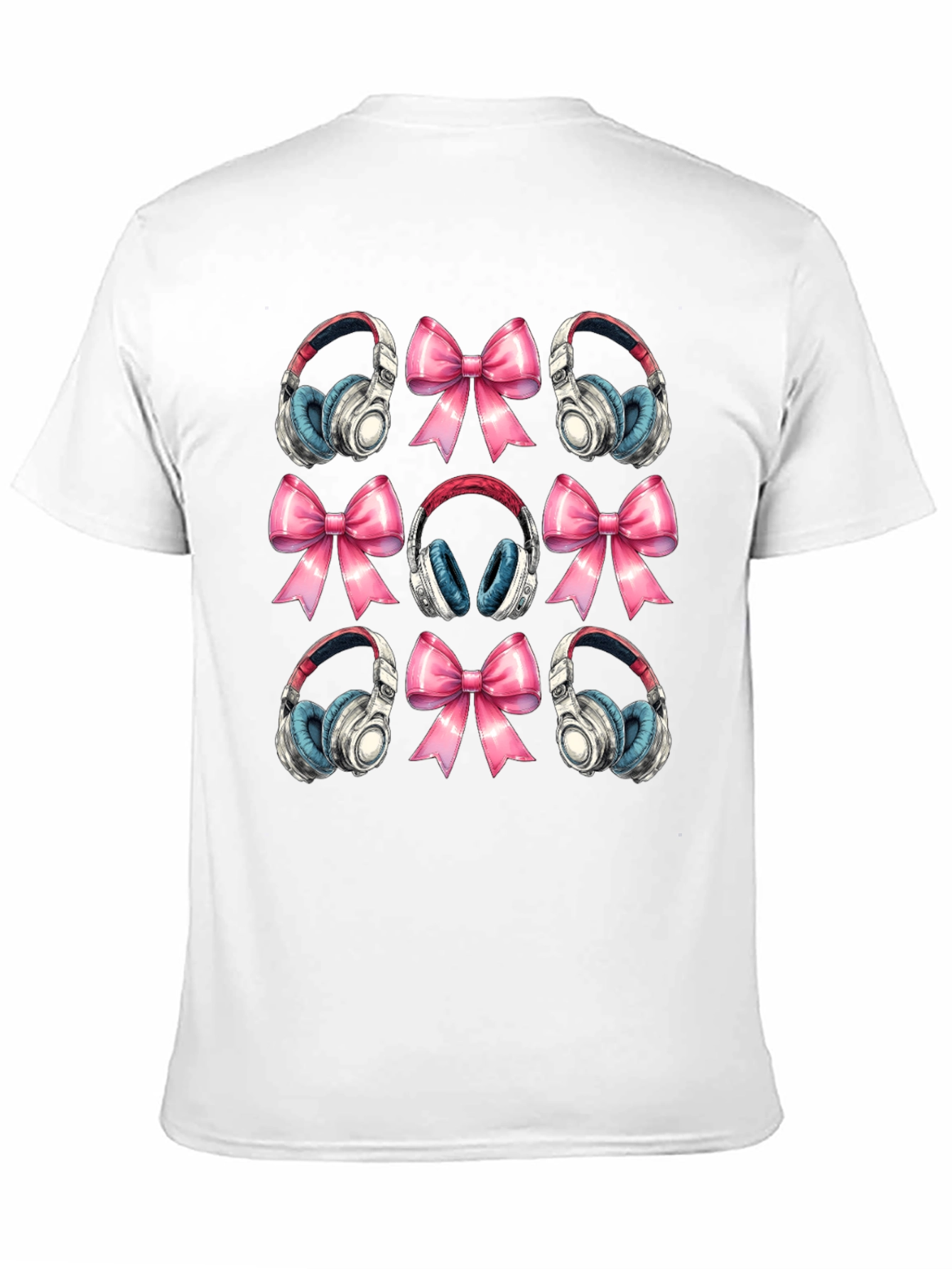 Black Headphones and Bows Pattern T-Shirt view 11