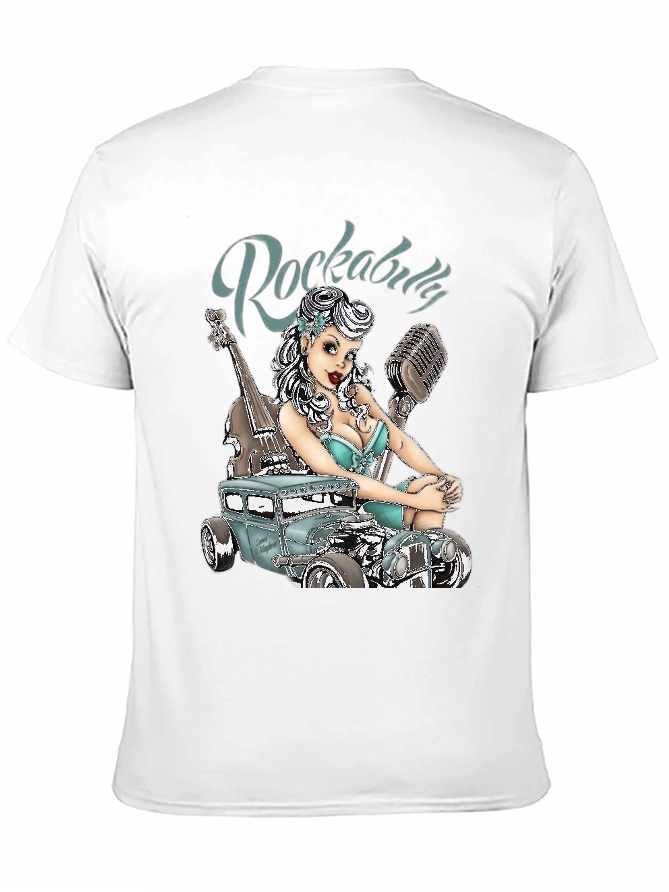 Black Rockabilly Style T-Shirt with Car & Pin-up Girl Design view 11