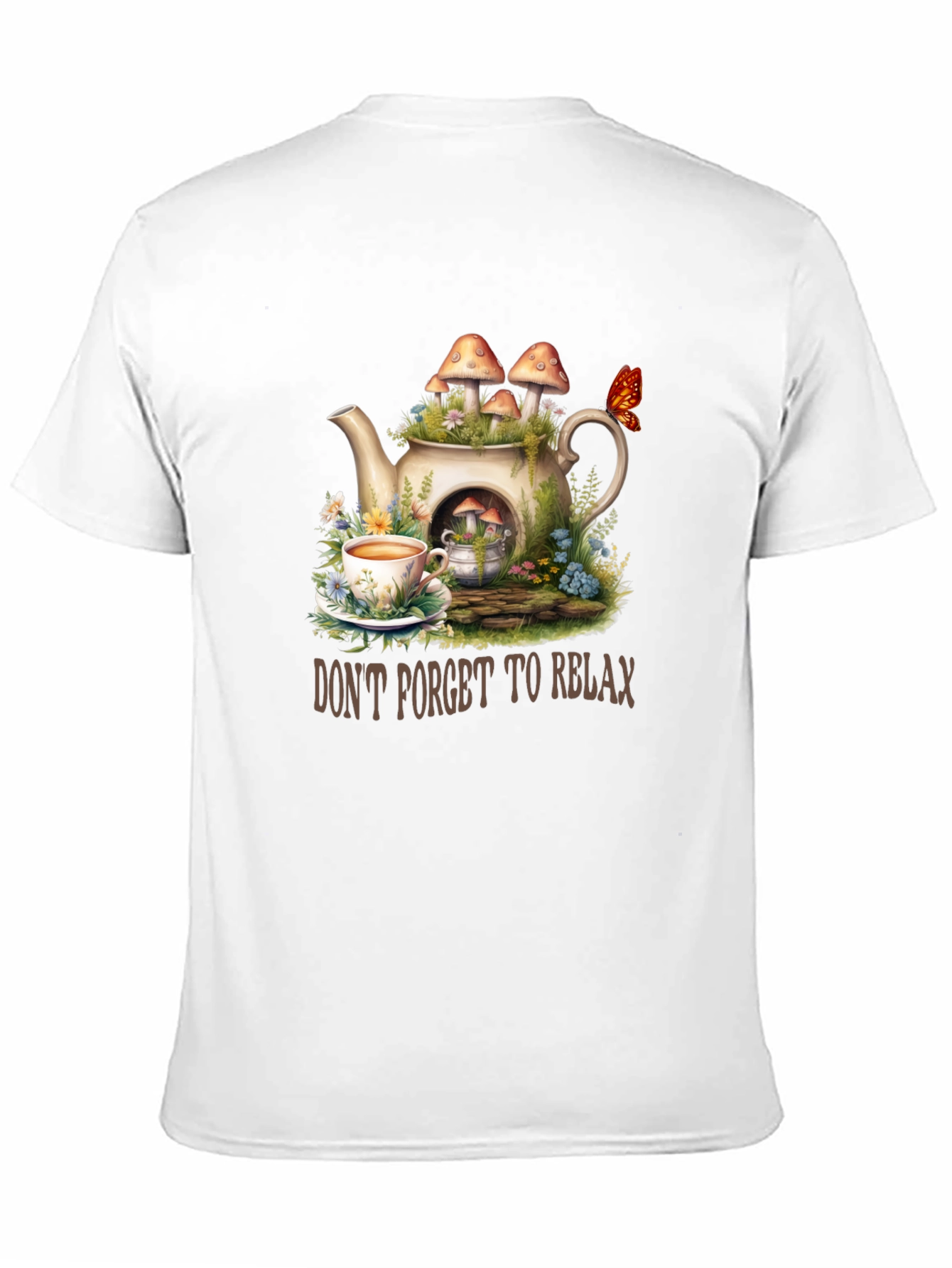 Black Relaxing Tea Party T-Shirt - Mushroom Teapot Design view 11