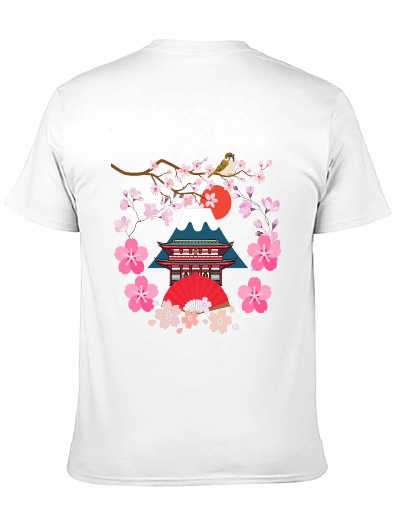 Black Japanese Art T-Shirt - Bird, Blossoms, and Mountain view 11