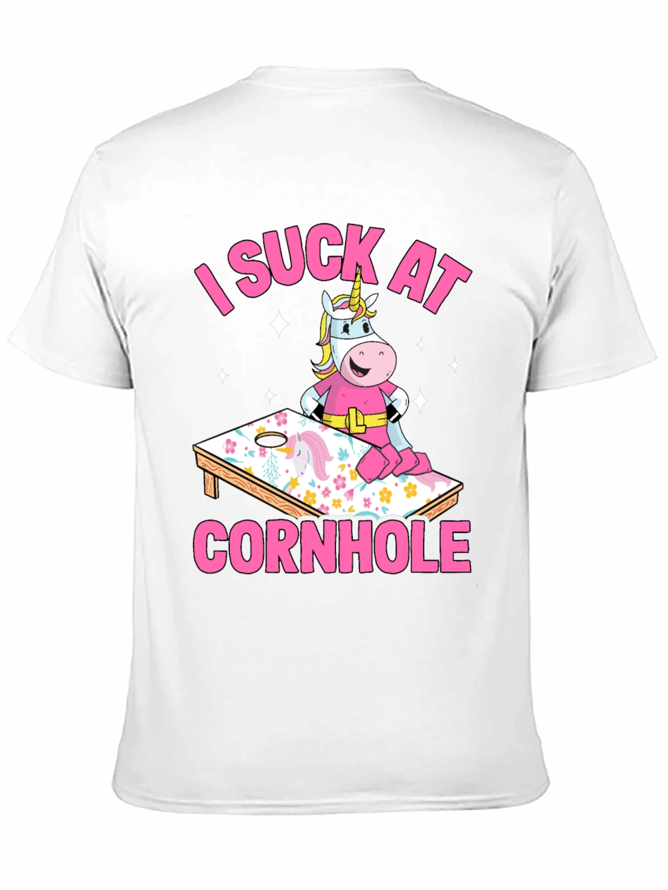 Black I Suck At Cornhole Unicorn T-Shirt view 11