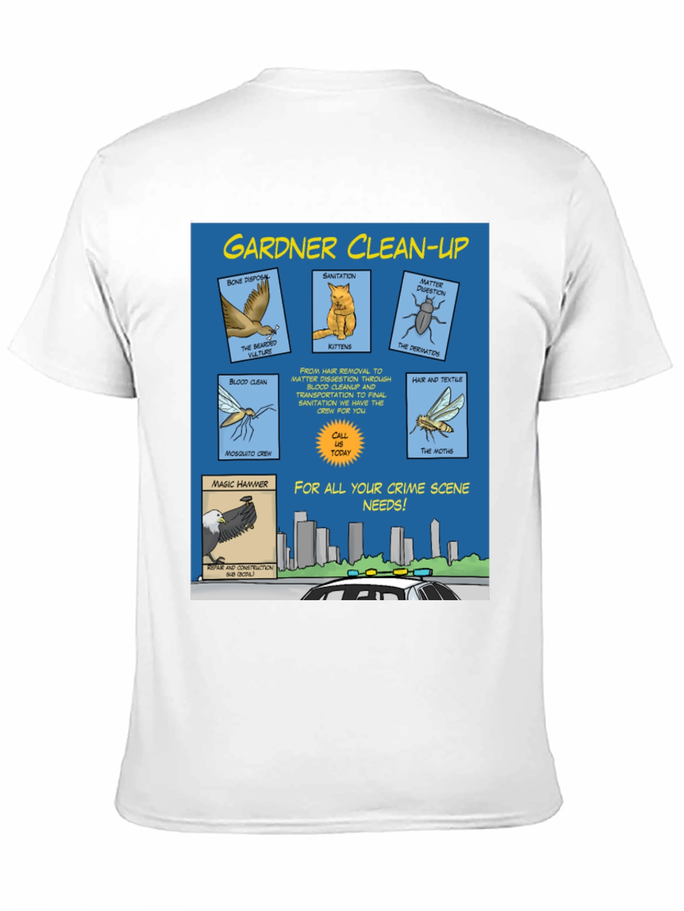 Black Gardner Clean-Up T-Shirt - Crime Scene Cartoon view 11