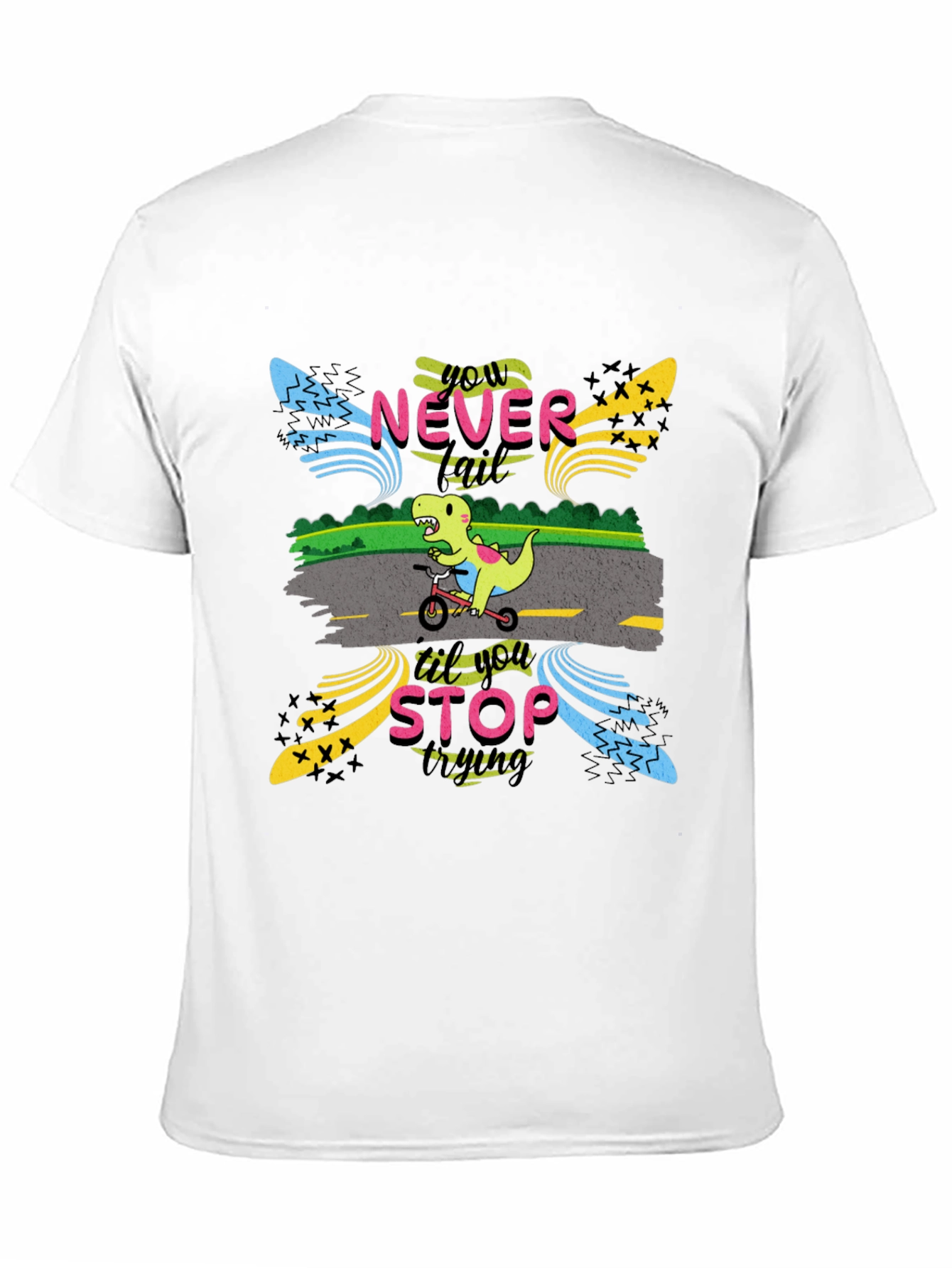 Black Never Stop Trying T-Shirt: Dino on Bike view 11