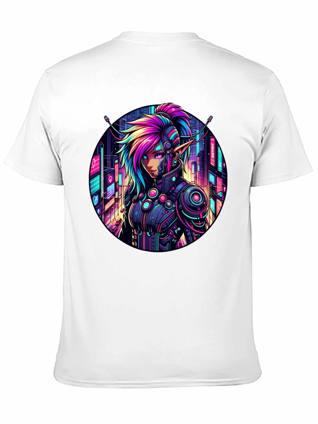 Black Cyberpunk Elf T-Shirt: Neon Cityscape Graphic Tee view 11
