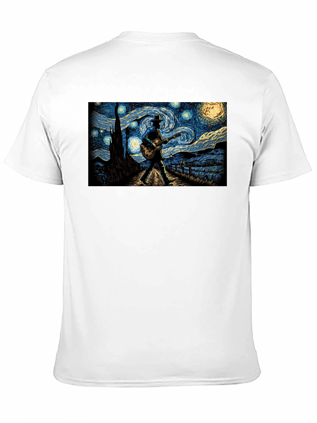 Black Starry Night Guitar Player Graphic Tee view 11