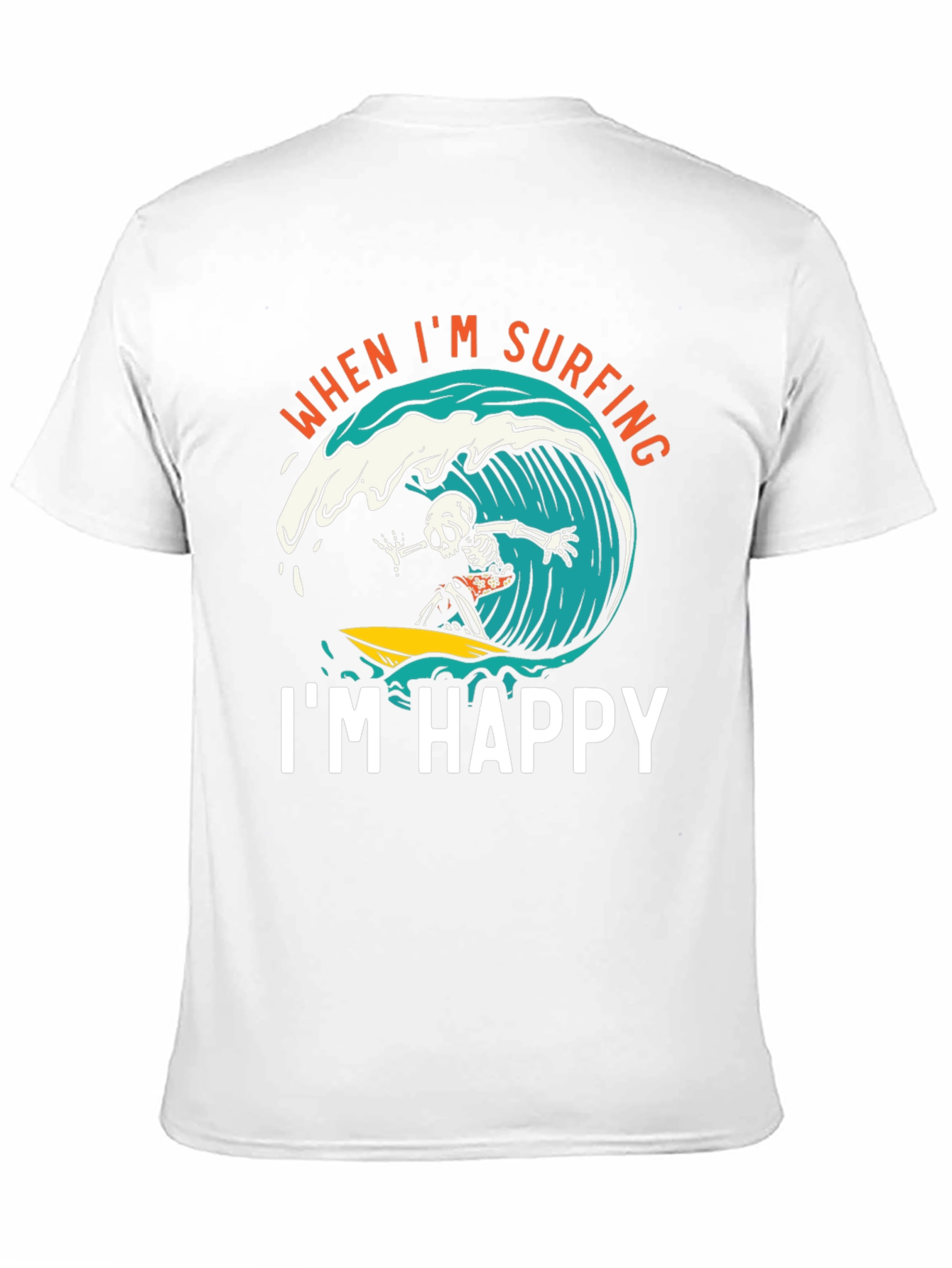 Surfing Skeleton Graphic Tee - "When I'm Surfing, I'm Happy" Black T-Shirt - 11