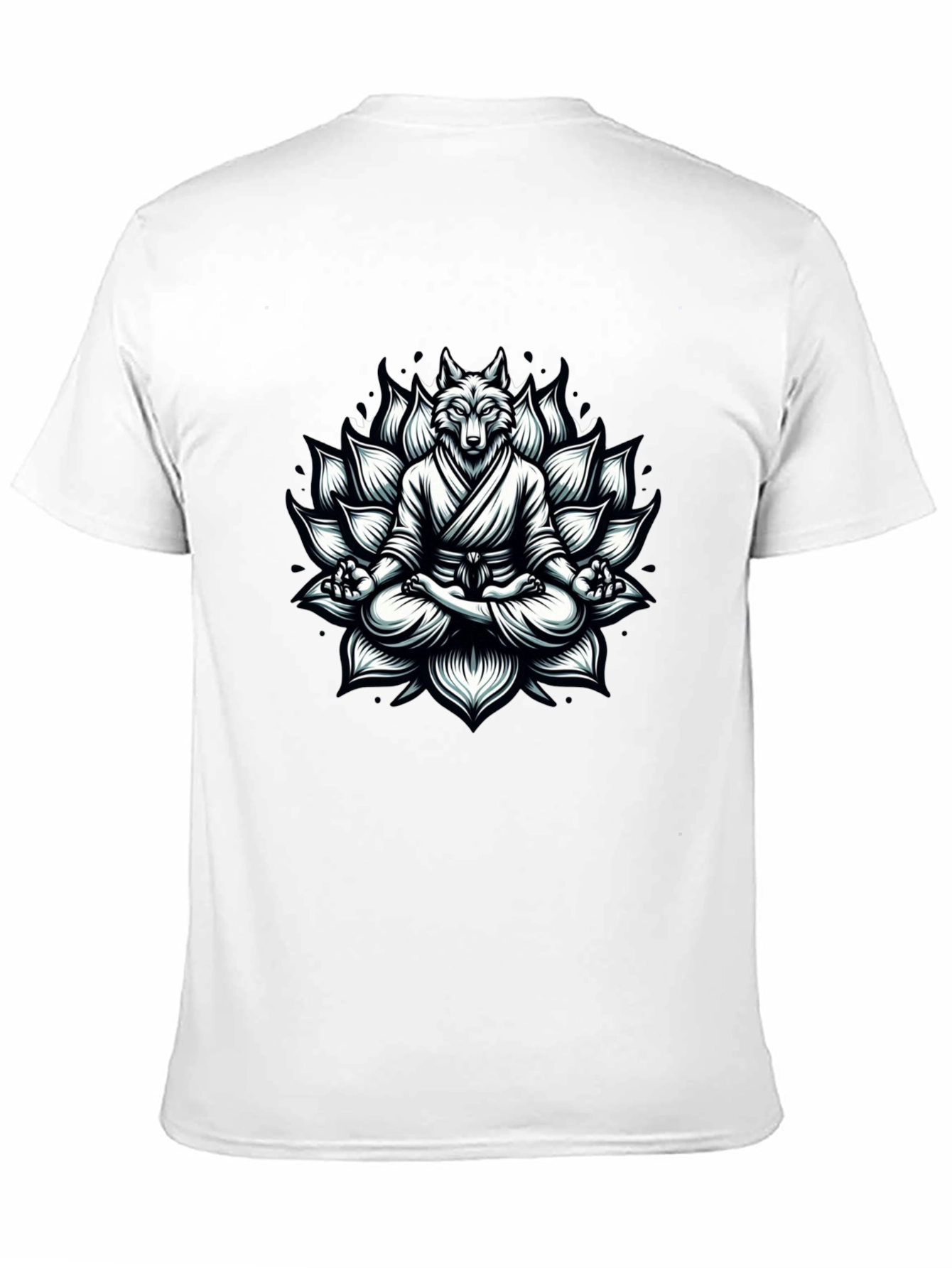 Black Zen Wolf T-Shirt: Meditating Lotus Design view 11