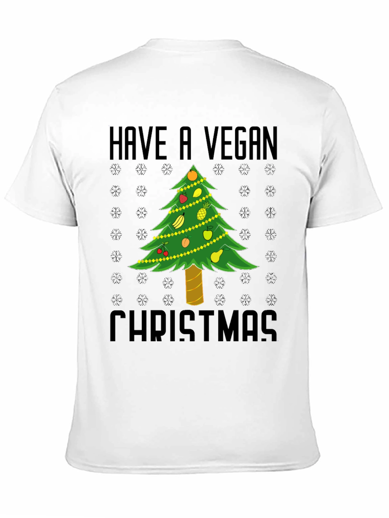 Black Vegan Christmas T-Shirt - Holiday Tree Fruit Design view 11