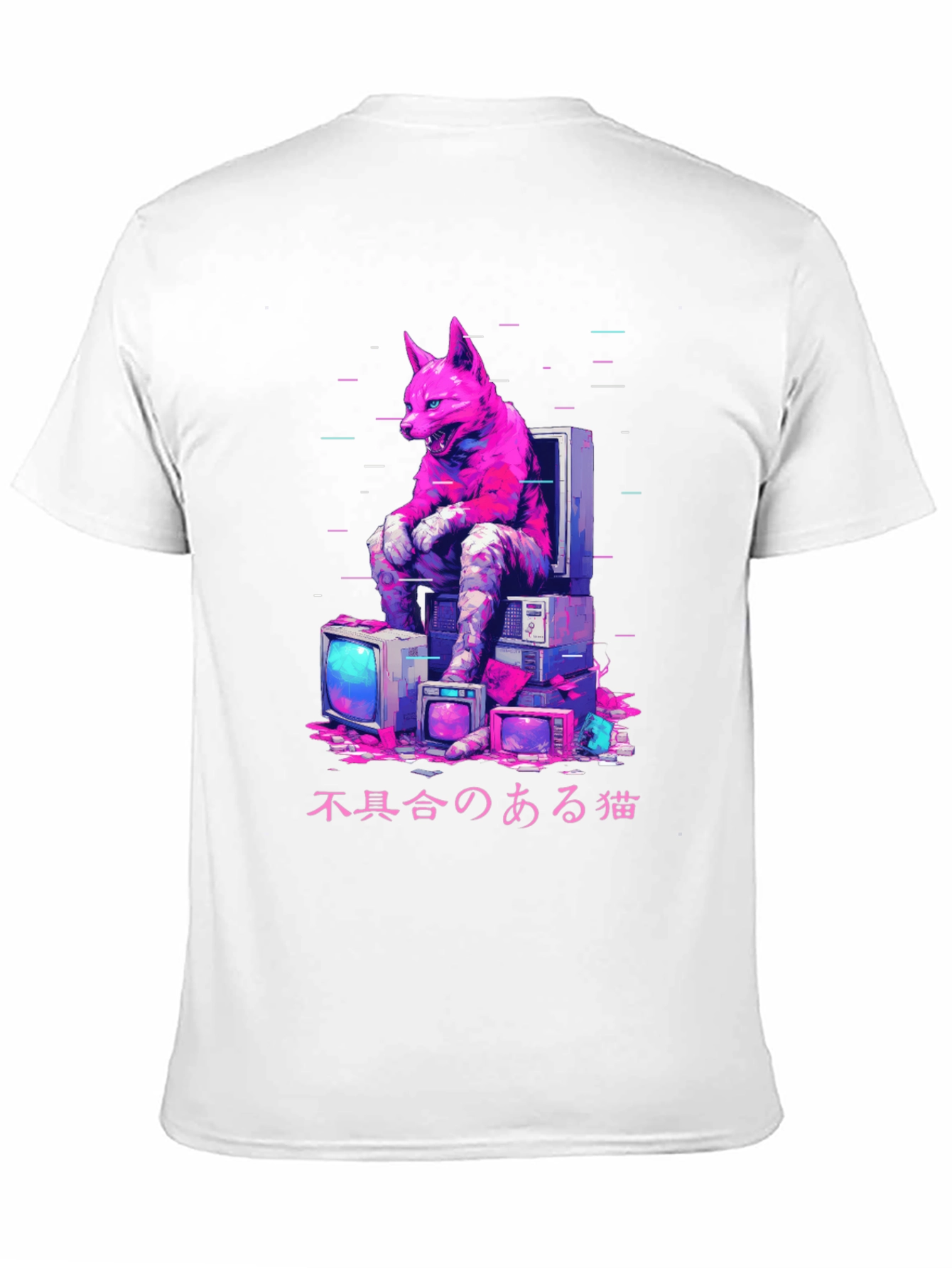 Black Cyberpunk Cat Glitch T-Shirt view 11