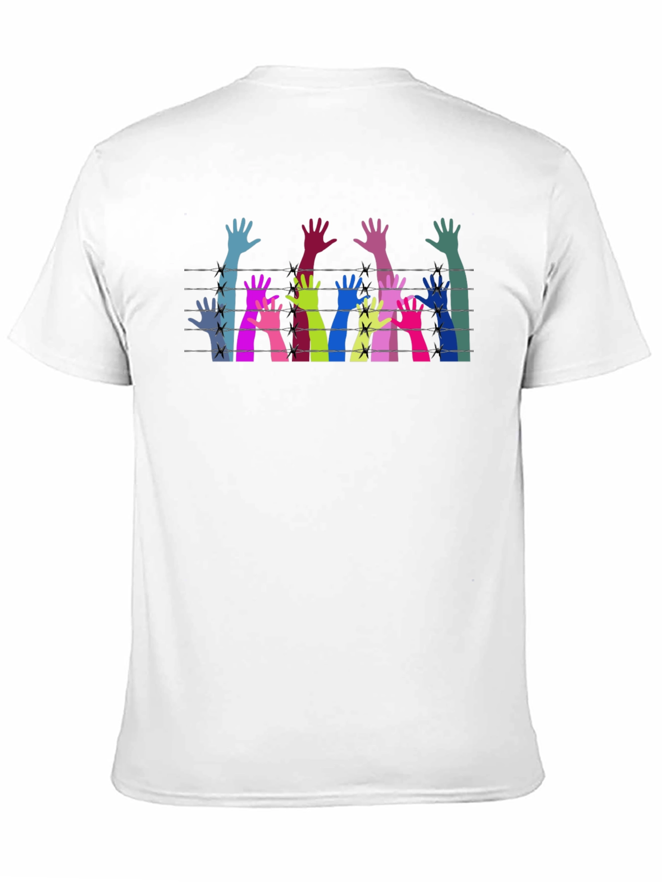 Black Colorful Hands Behind Barbed Wire Graphic Tee view 11