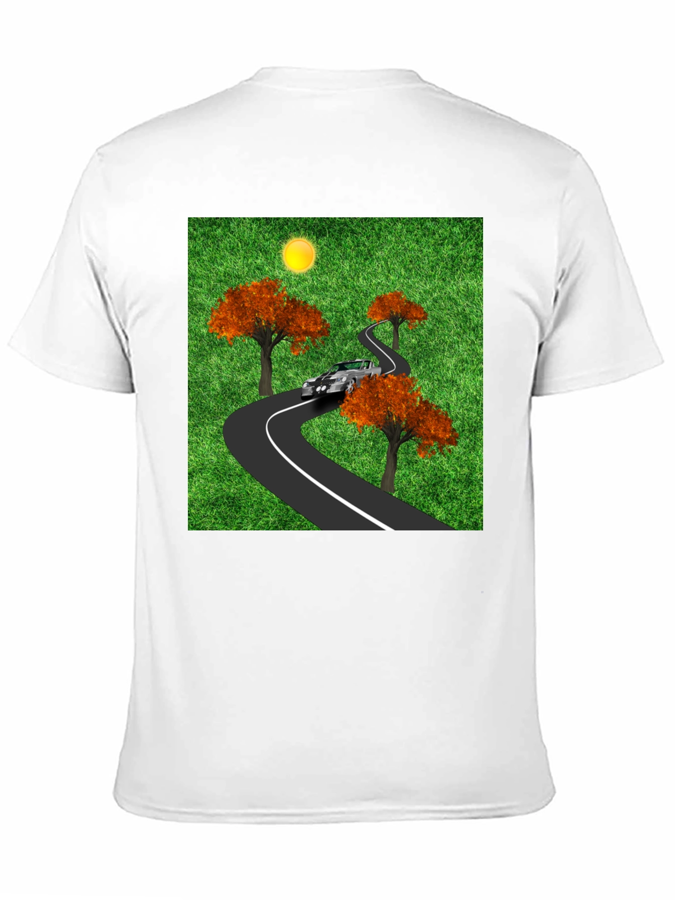 Black Road Trip T-Shirt - Car, Trees, and Scenic Route view 11