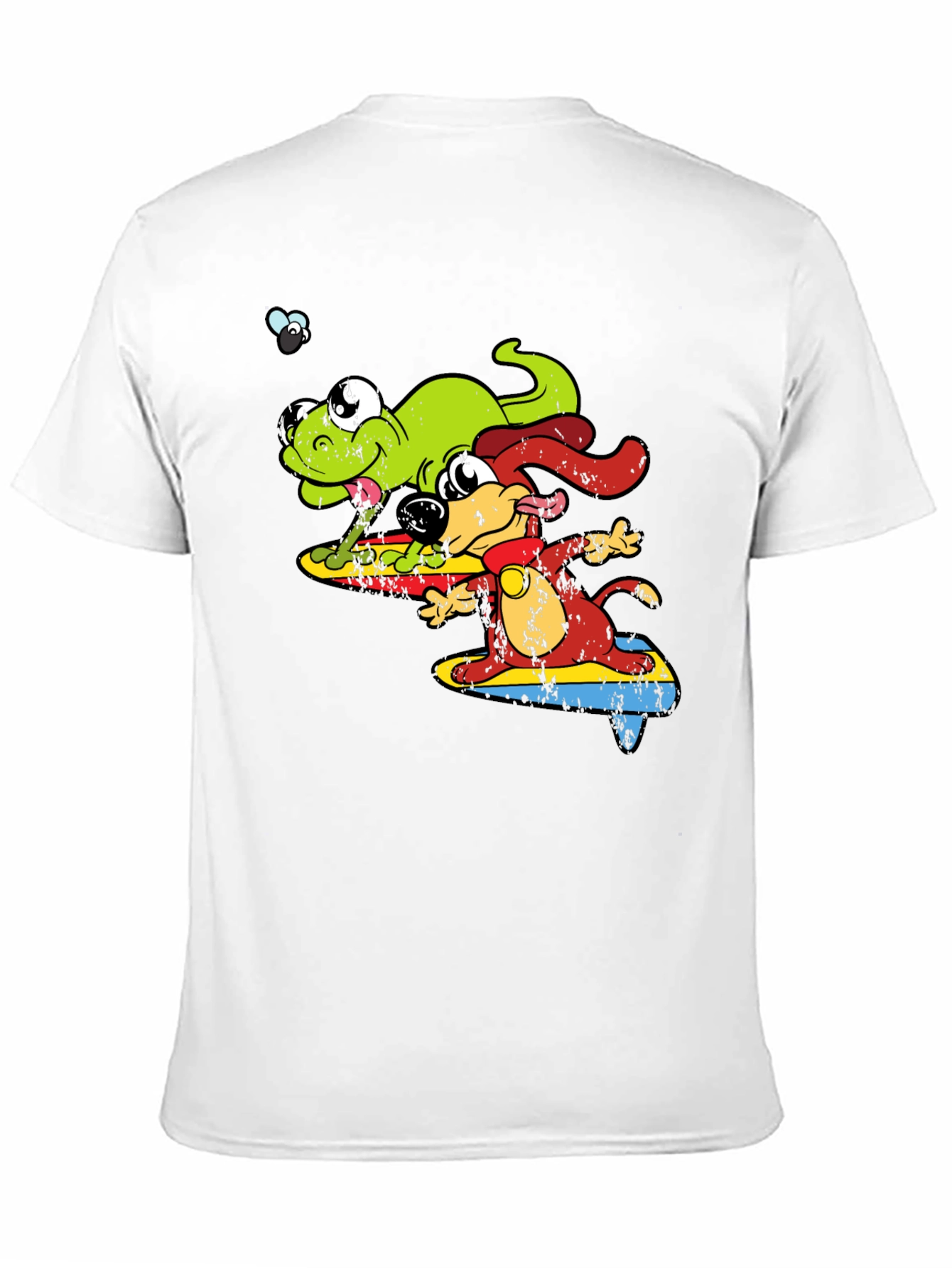Black Cartoon Dog and Lizard Surfing Black T-Shirt view 11