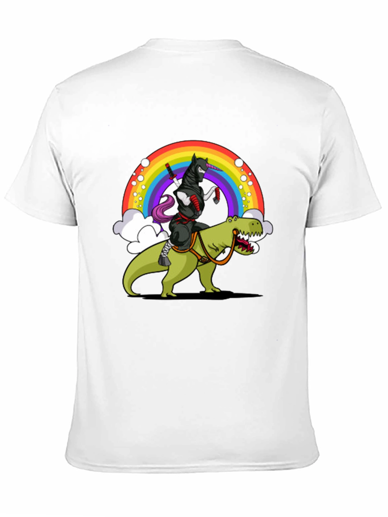 Black Ninja Unicorn Riding Dinosaur Rainbow T-Shirt view 11