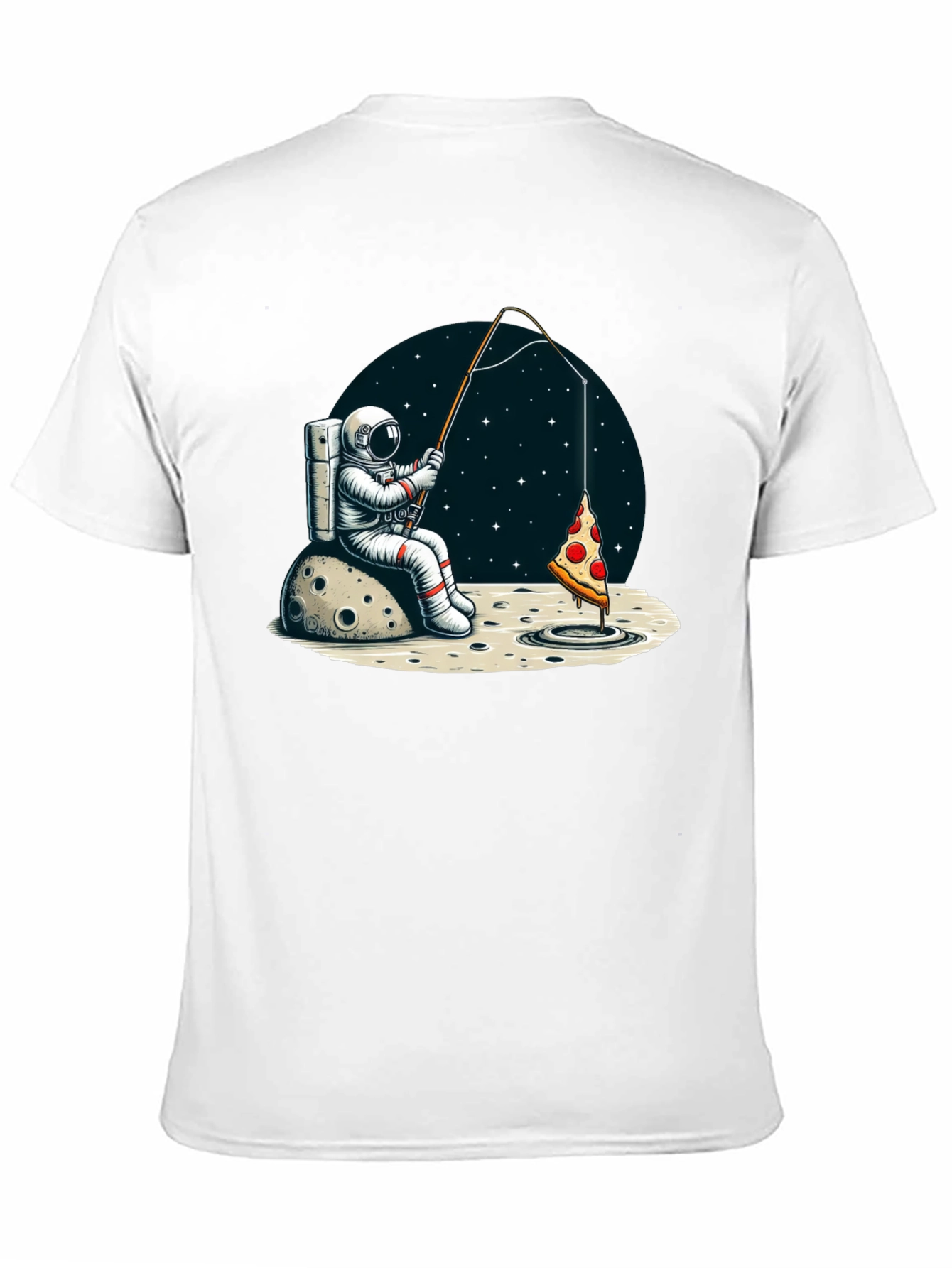 Black Astronaut Fishing for Pizza T-Shirt view 11