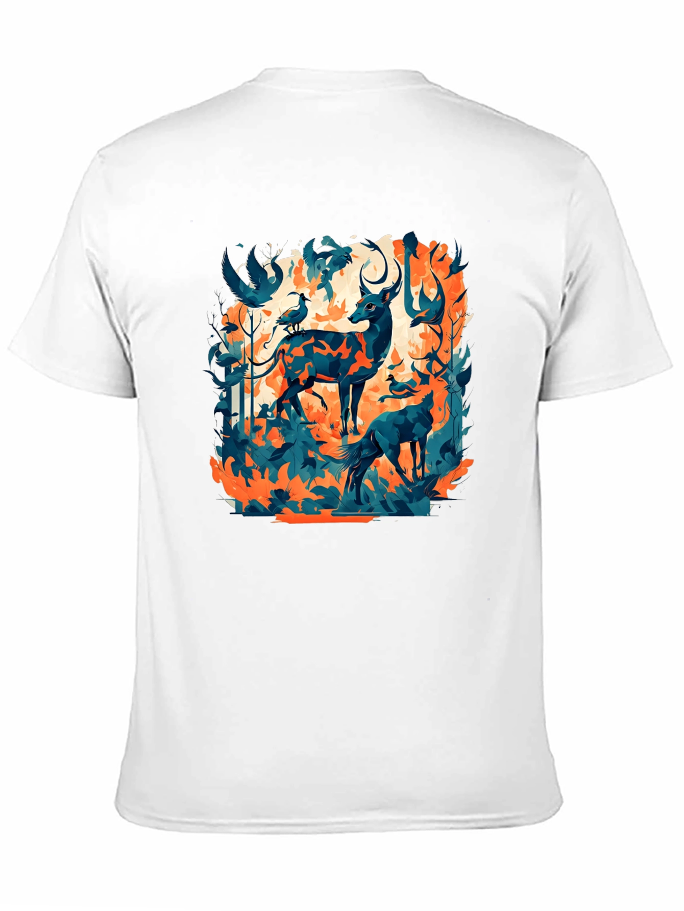 Black Nature Inspired Graphic Tee - Deer & Birds Design view 11