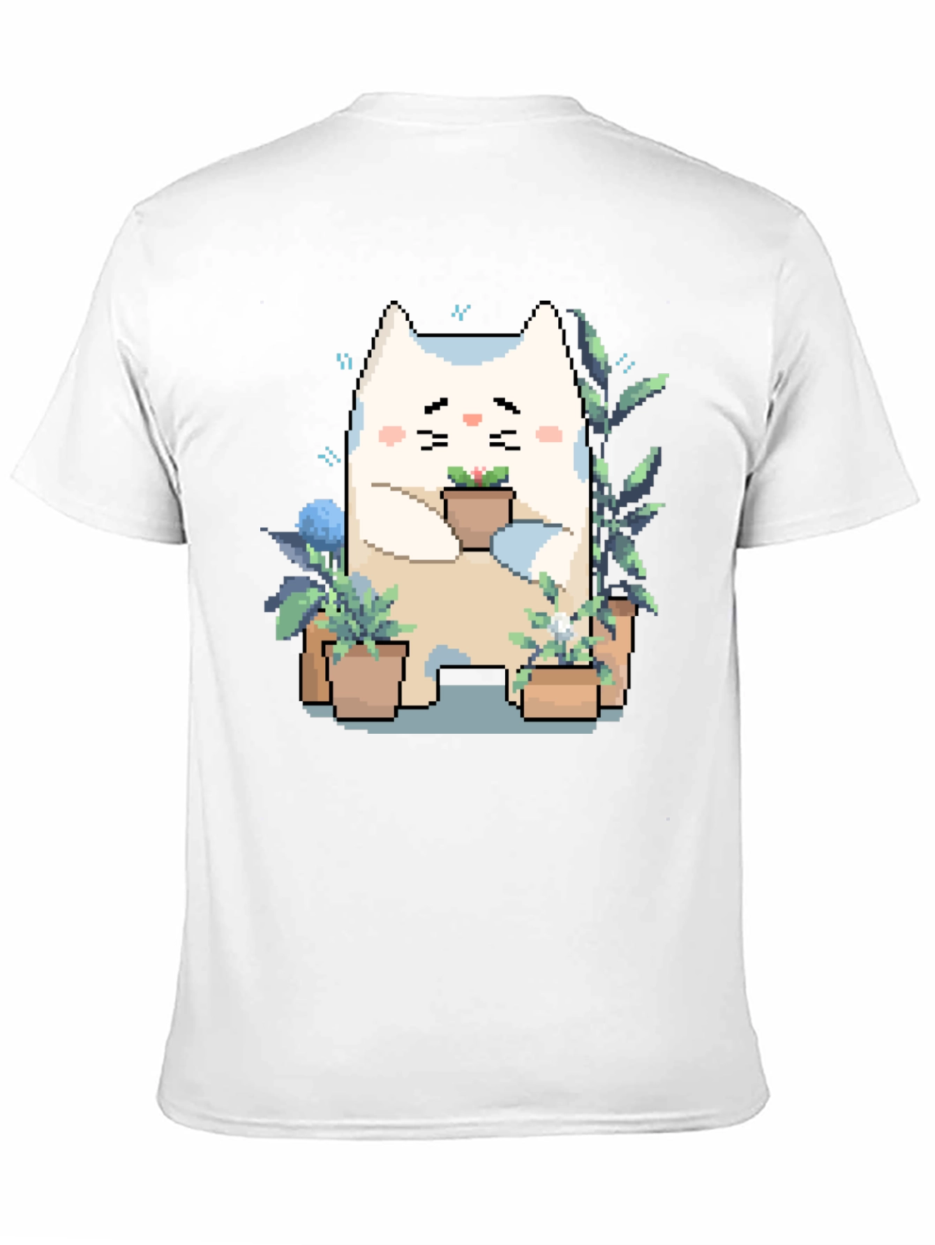 Black Cute Pixel Cat with Plants Black T-Shirt view 11