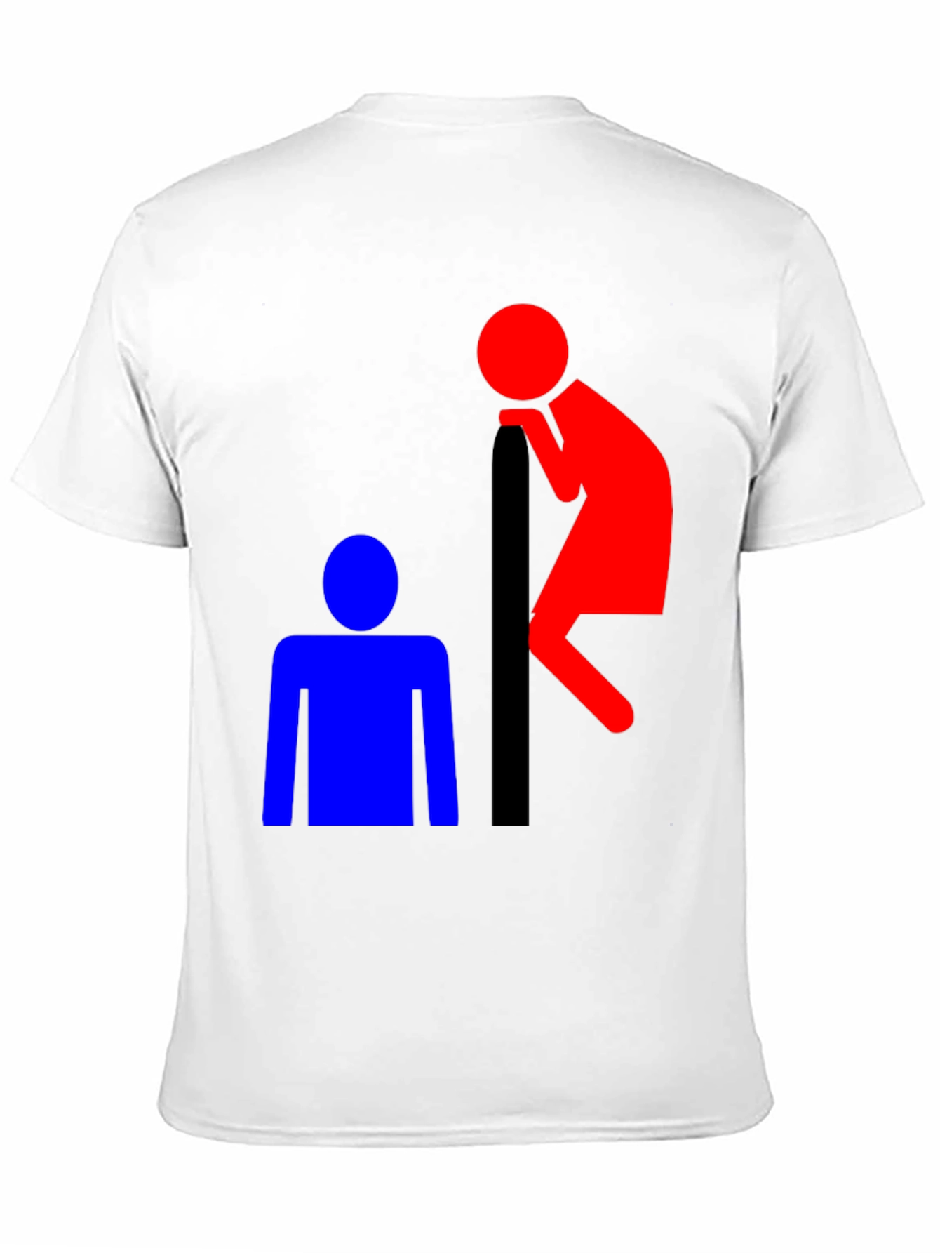 Black Funny T-Shirt: Red Peeping Tom and Blue Figure view 11