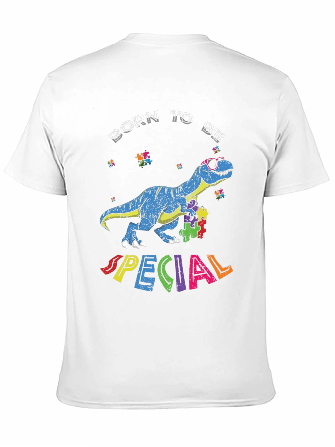 Black Born to Be Special Autism Awareness Dinosaur T-Shirt view 11