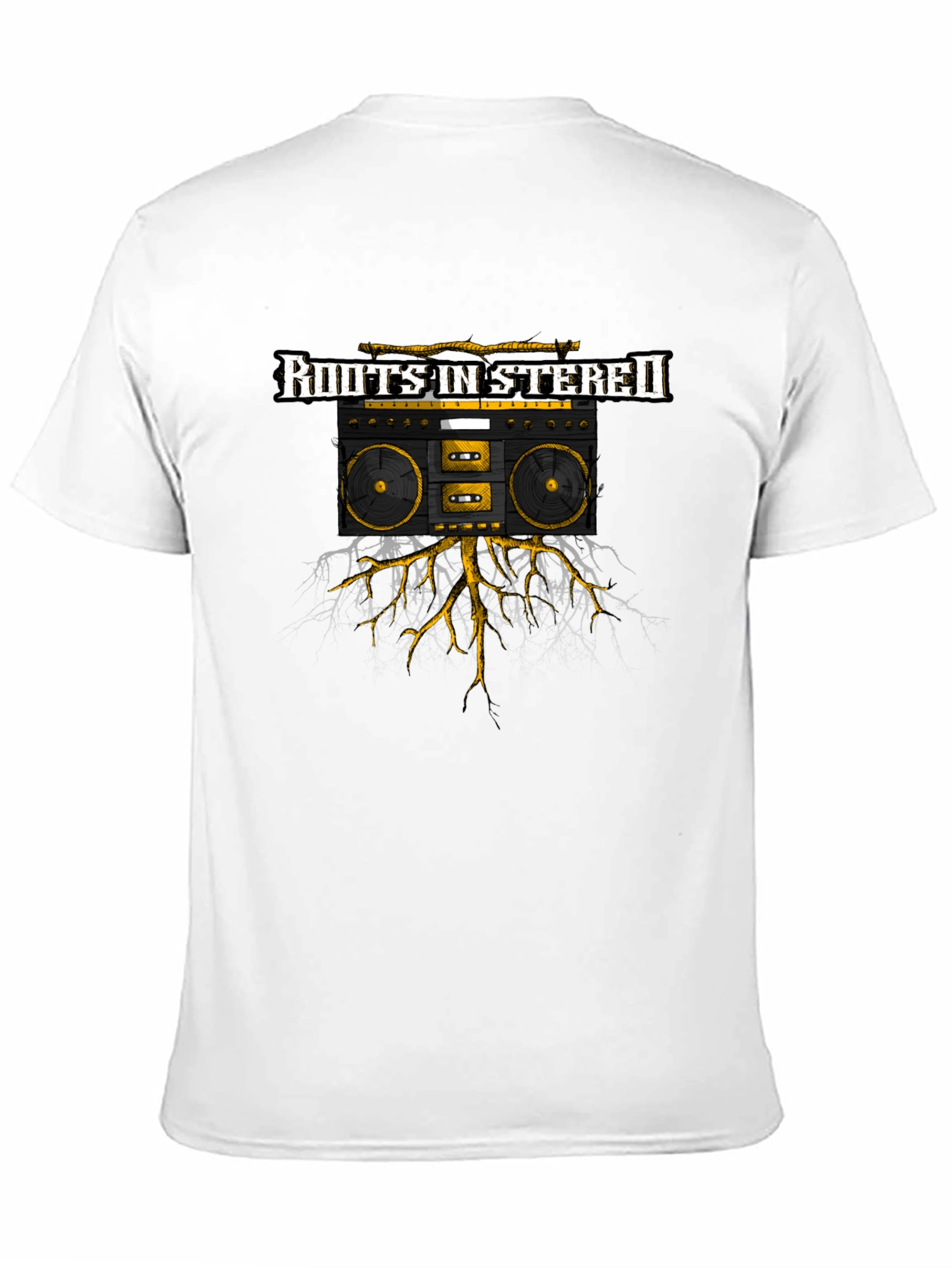 Black Roots in Stereo Black Graphic Tee - Cool Boombox Design view 11