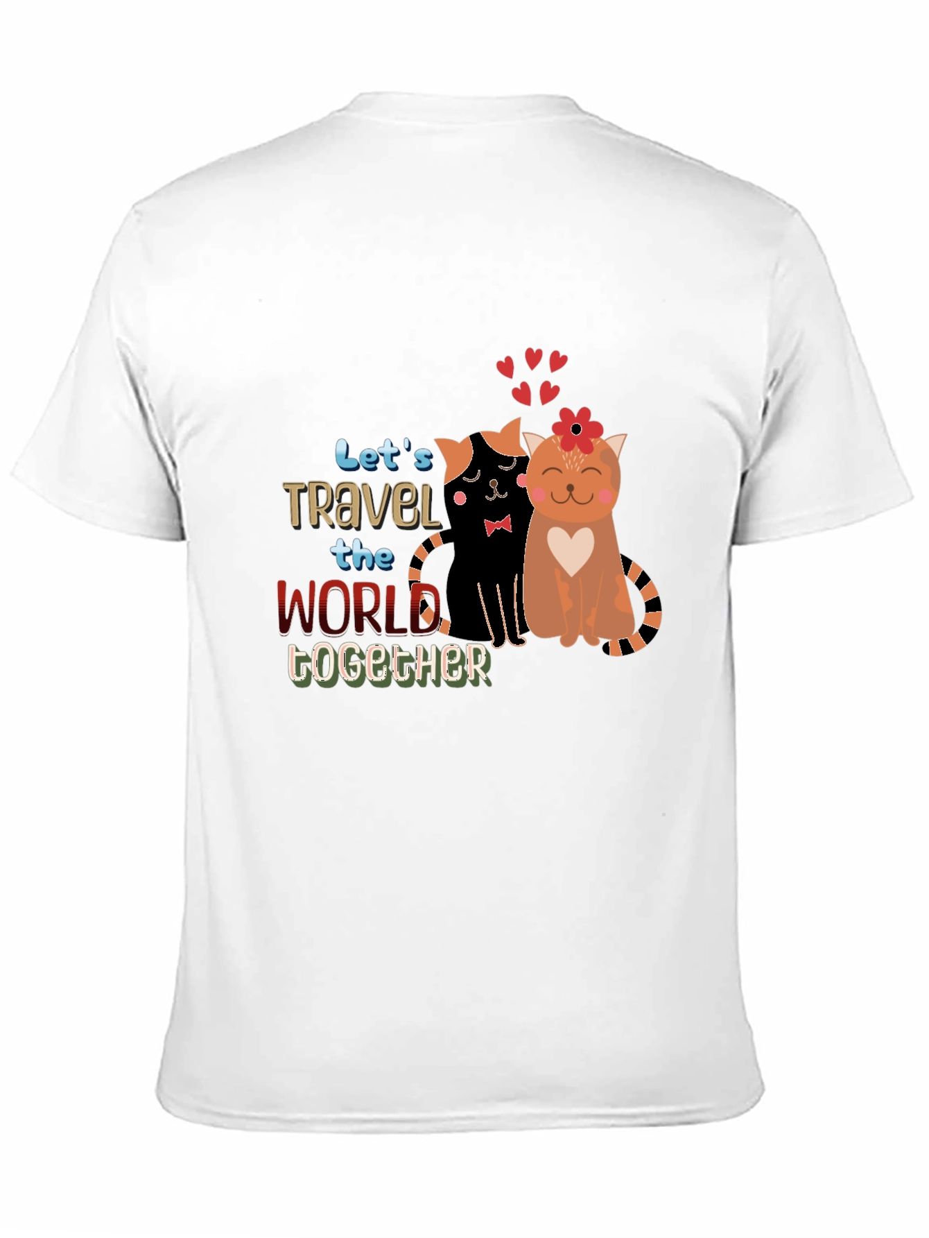 Black Cute Couple Cats Travel Together Graphic Black T-Shirt view 11
