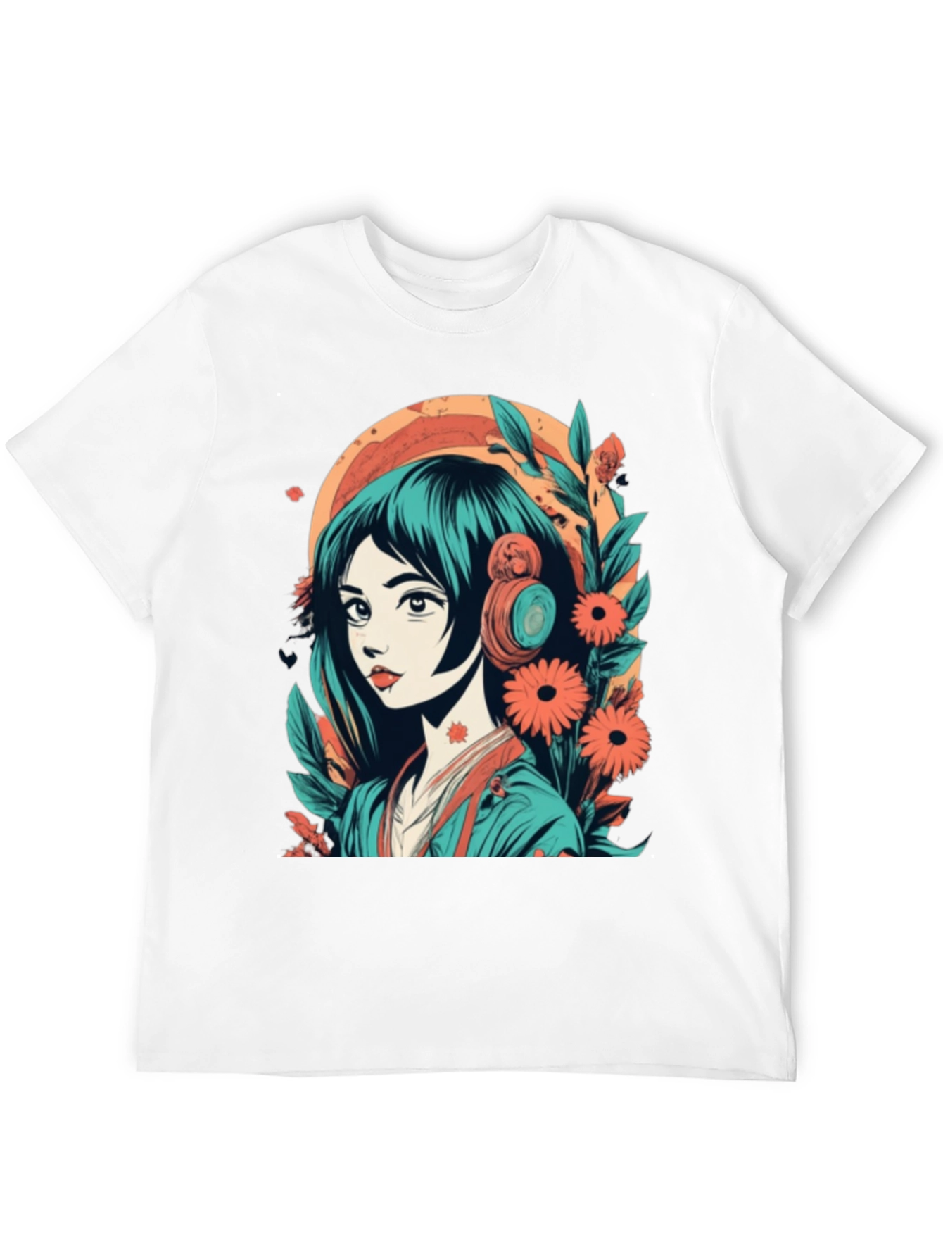 Black Anime Girl Graphic Tee - Floral & Headphones Design view 12