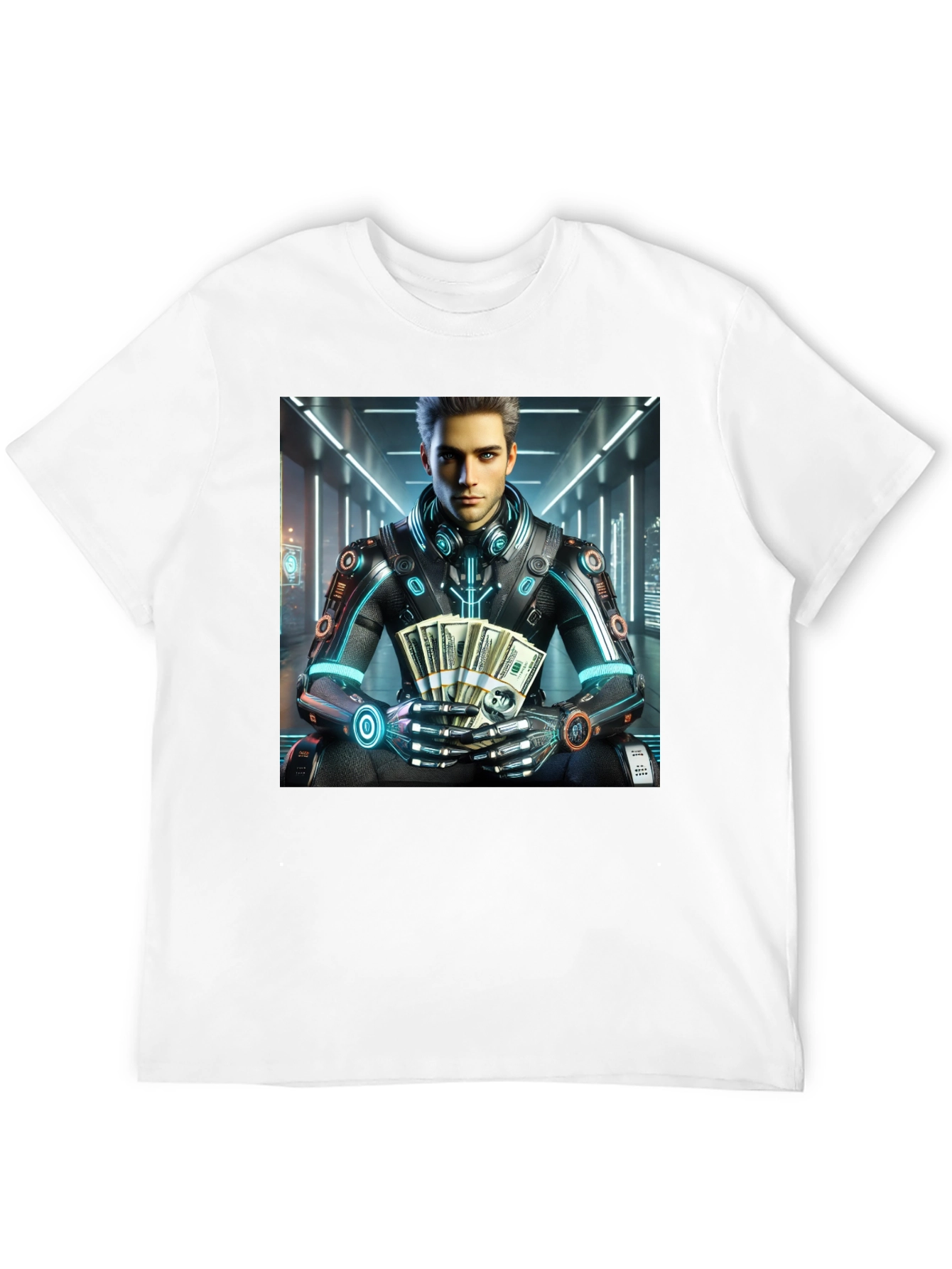 Black Cyberpunk Rich Guy T-Shirt - Futuristic Style view 12