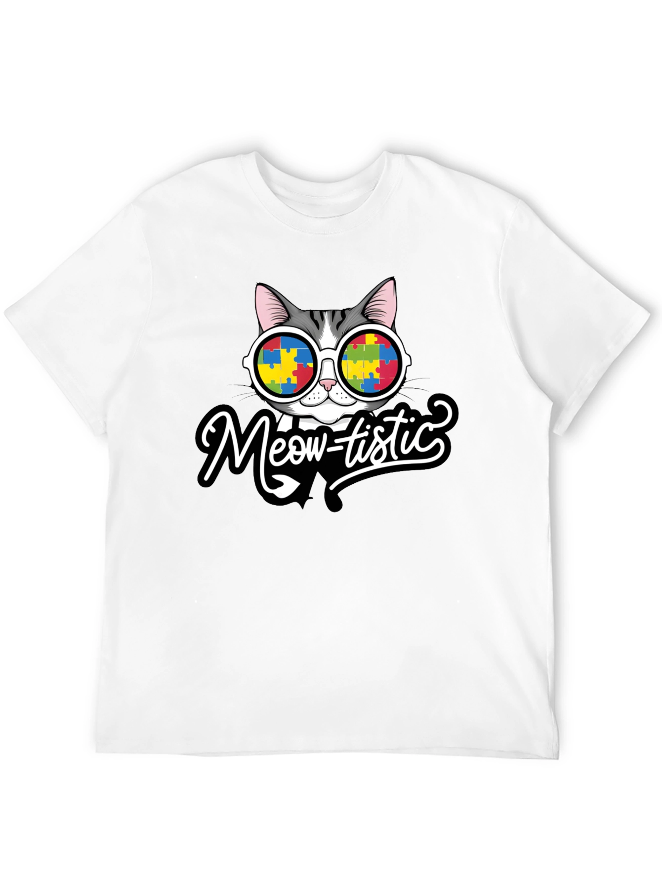 Black Meow-tistic Cat Autism Awareness T-Shirt view 12