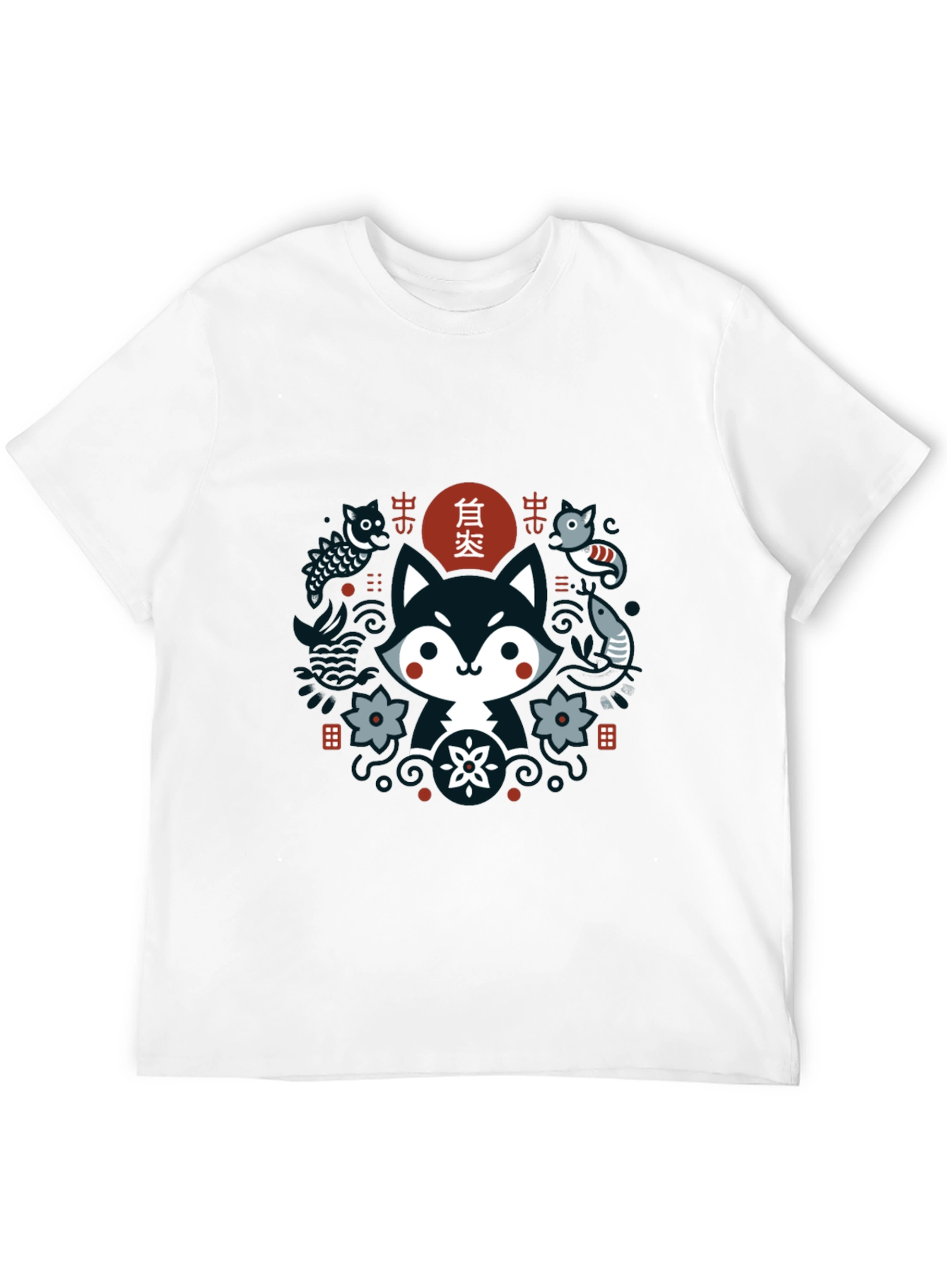 Black Cute Asian Inspired Fox Graphic T-Shirt - Black view 12