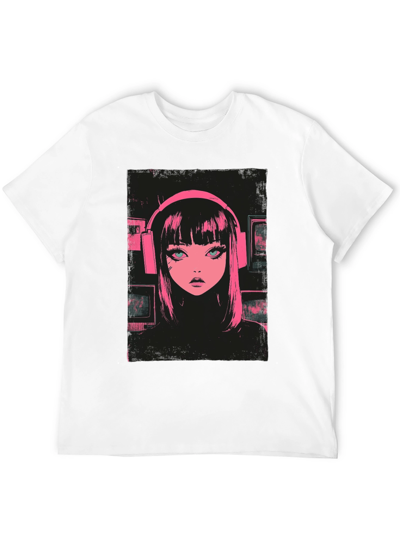 Black Anime Girl Pink Headphones Black T-Shirt view 12