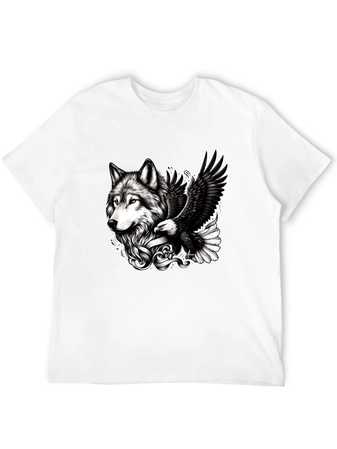Black Wolf & Eagle Graphic Tee - Black Cotton Blend view 12