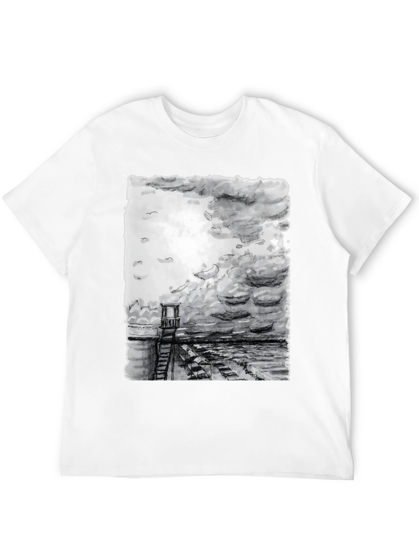 Black Monochrome Coastal Tower Graphic T-Shirt view 12