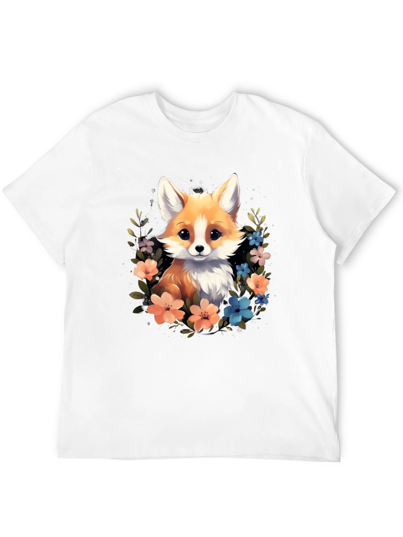 Black Cute Fox Floral Black T-Shirt view 12